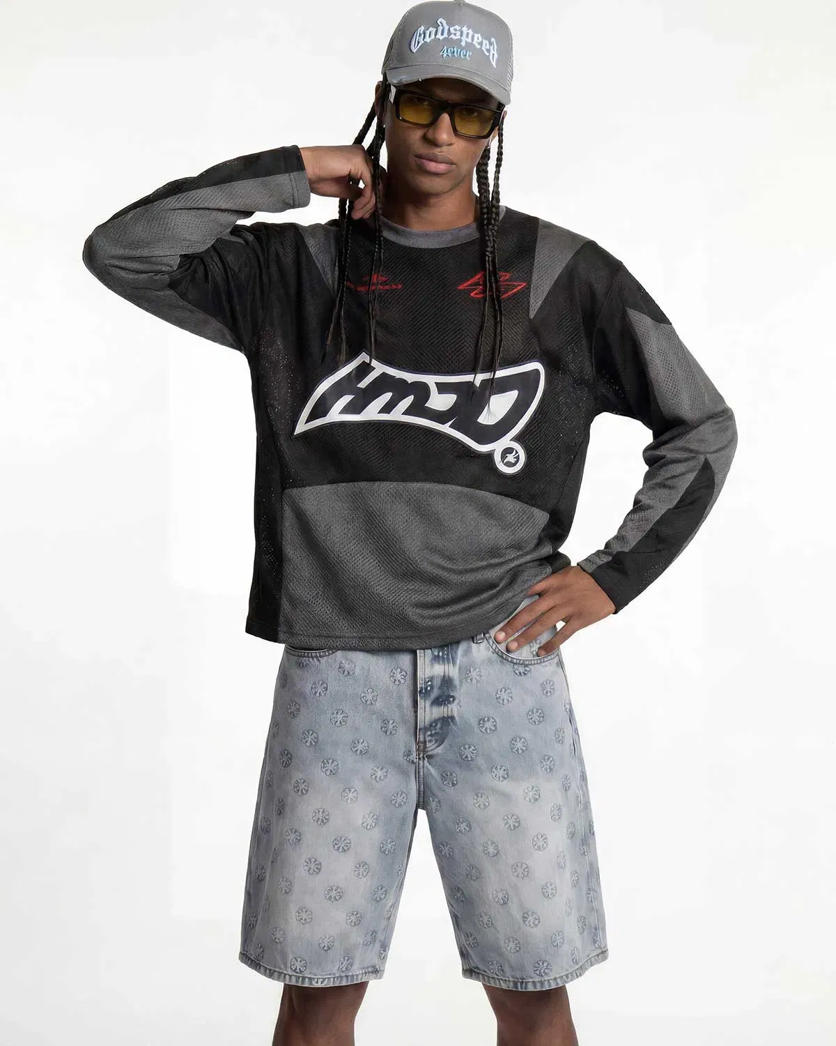 Lost Shdws Embossed Logo Denim Shorts Blue