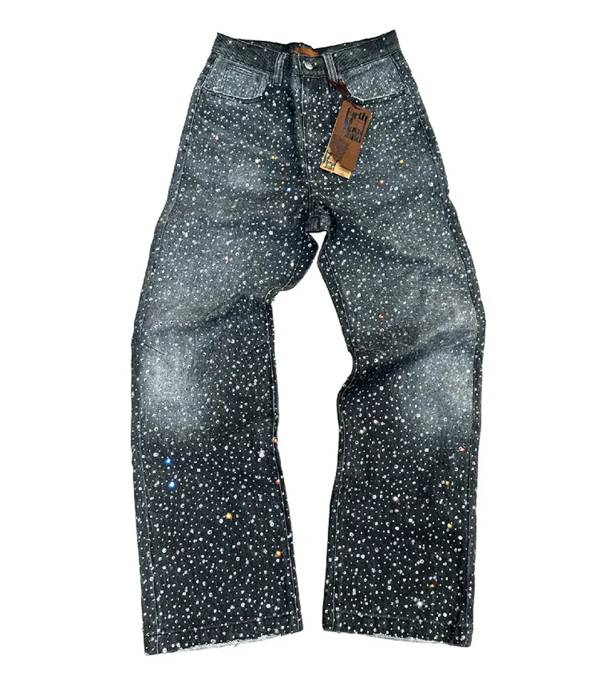 Birth of Royal Child 3D Printing Washed 20K Swarovski Diamond Boro Denim Pants Black