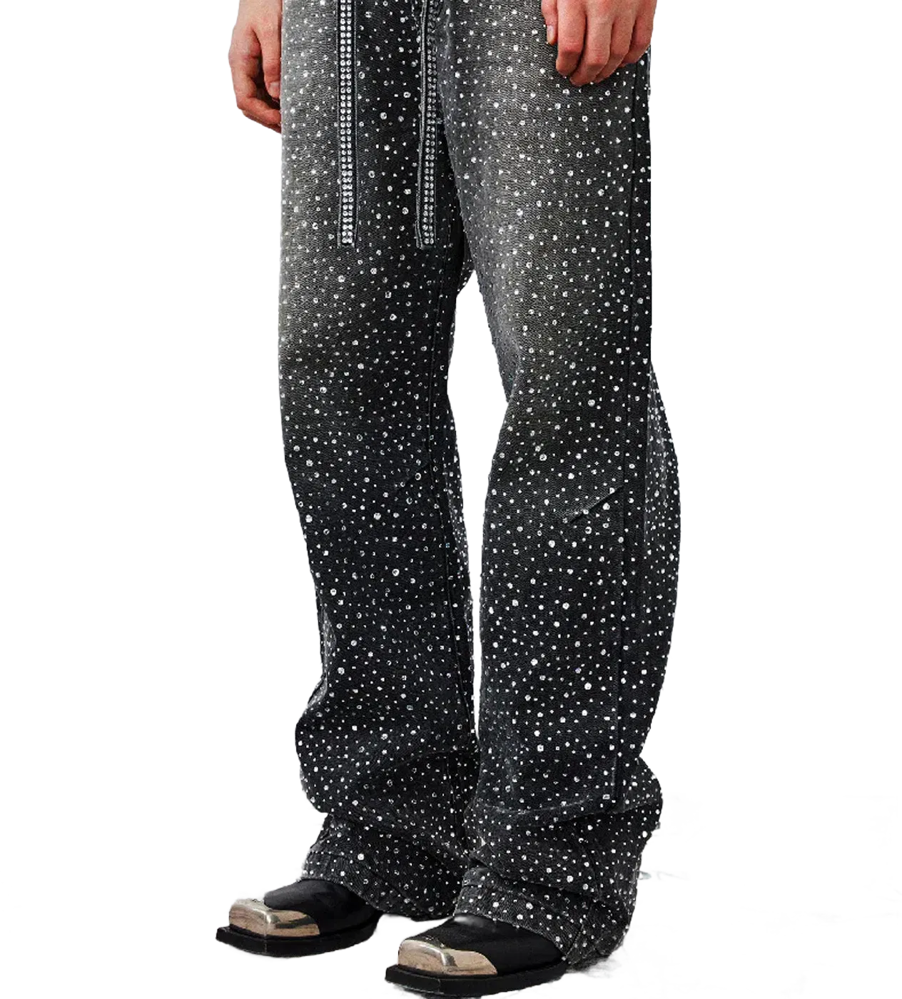 Birth of Royal Child 3D Printing Washed 20K Swarovski Diamond Boro Denim Pants Black