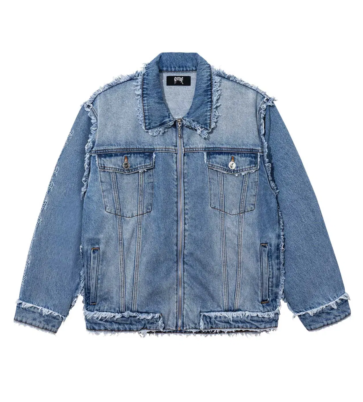 Revenge Frayed Skull Patched Denim Jacket Indigo