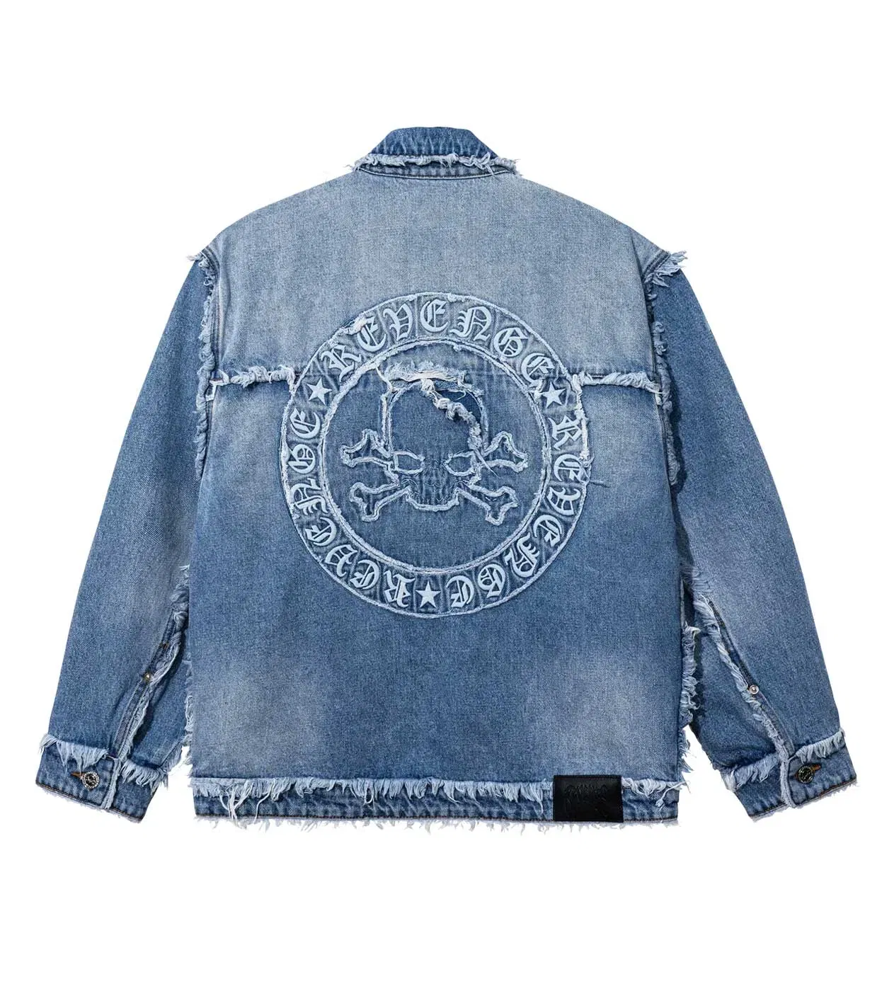 Revenge Frayed Skull Patched Denim Jacket Indigo