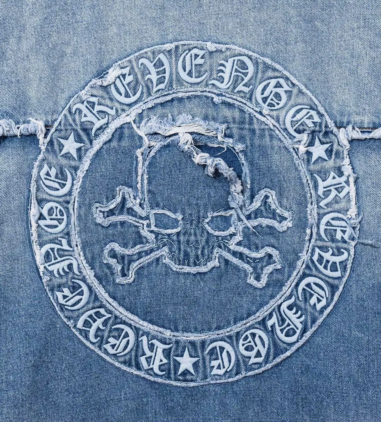 Revenge Frayed Skull Patched Denim Jacket Indigo