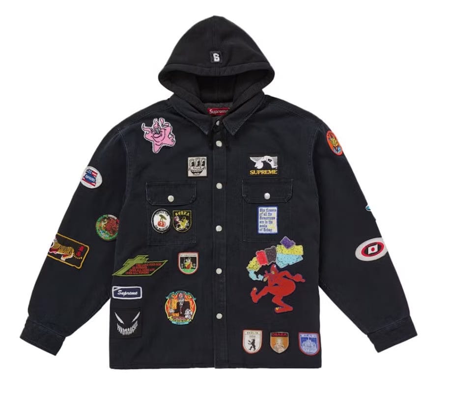 Supreme Patches Hooded Zip Up Shirt Black