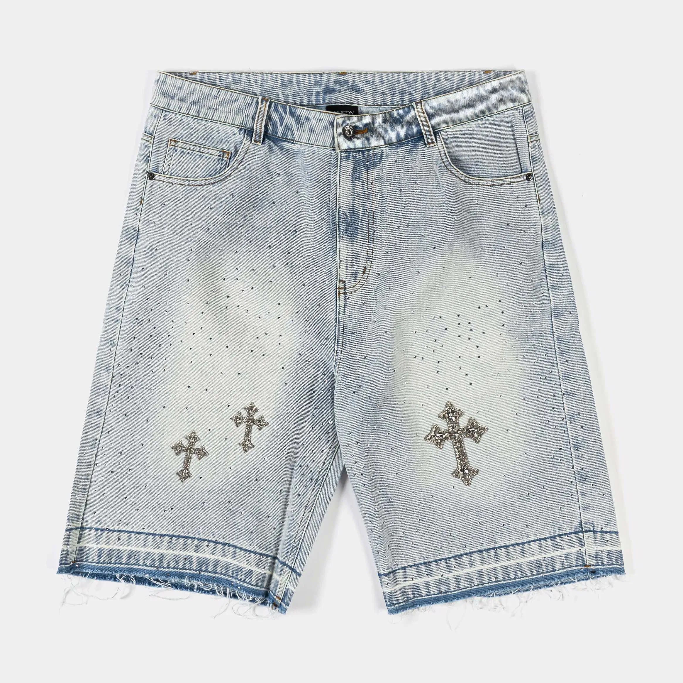 ORIGINAL SIN Bling Crosses Denim Mens Shorts (Blue)