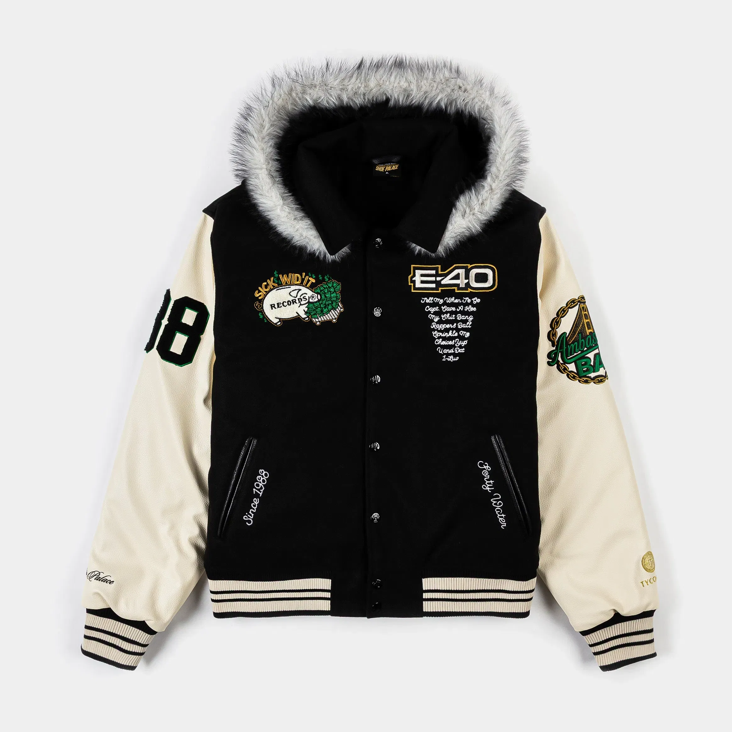 E40 X SP SP x E-40 Anniversary Varsity Mens Jacket (Black/Cream)