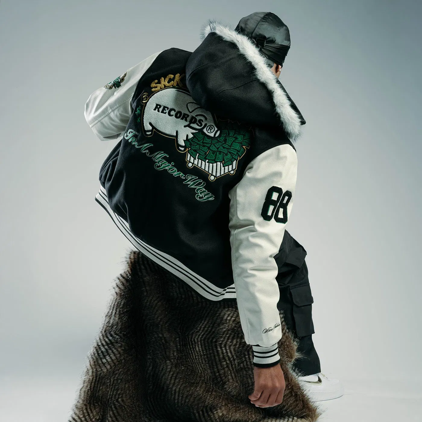 E40 X SP SP x E-40 Anniversary Varsity Mens Jacket (Black/Cream)