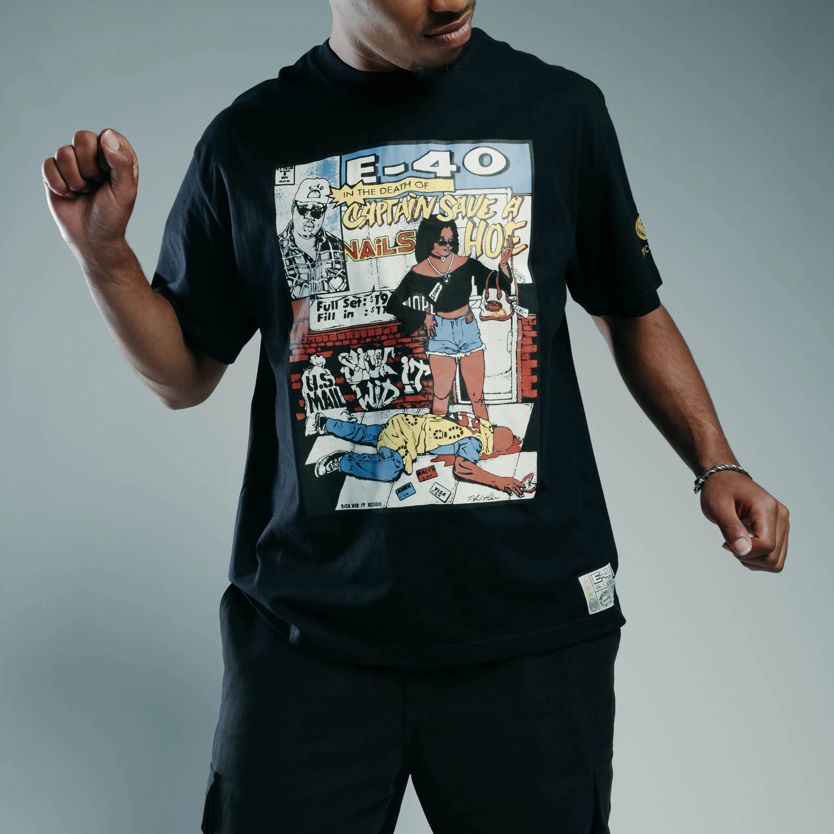 E40 X SP SP x E-40 Sick Wid It Mens Short Sleeve Shirt (White/Blue)