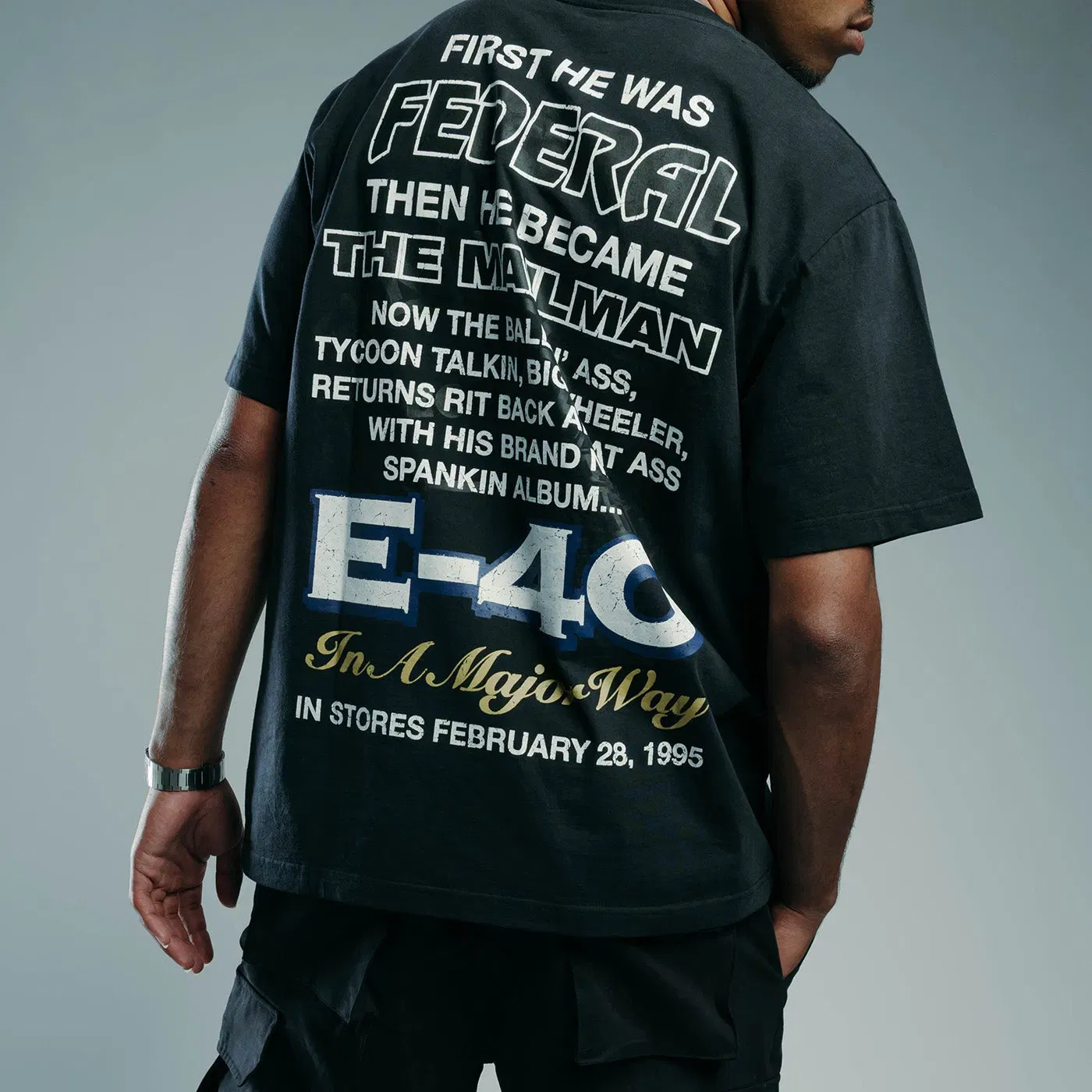 E40 X SP SP x E-40 In A Major Way Mens Short Sleeve Shirt (Black/Blue)
