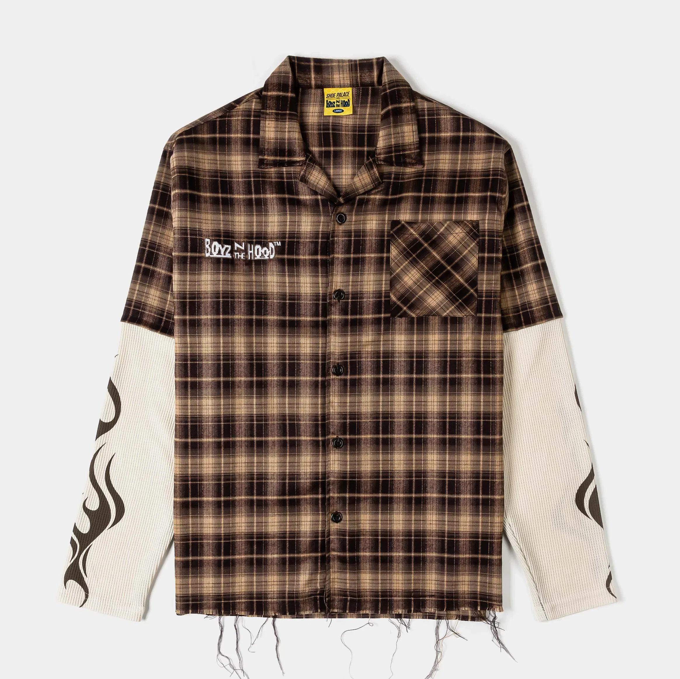 BOYZNTHEHOOD X SP SP x Boyz N The Hood Stop The Violence Button Up Mens Long Sleeve Shirt (Brown/White)