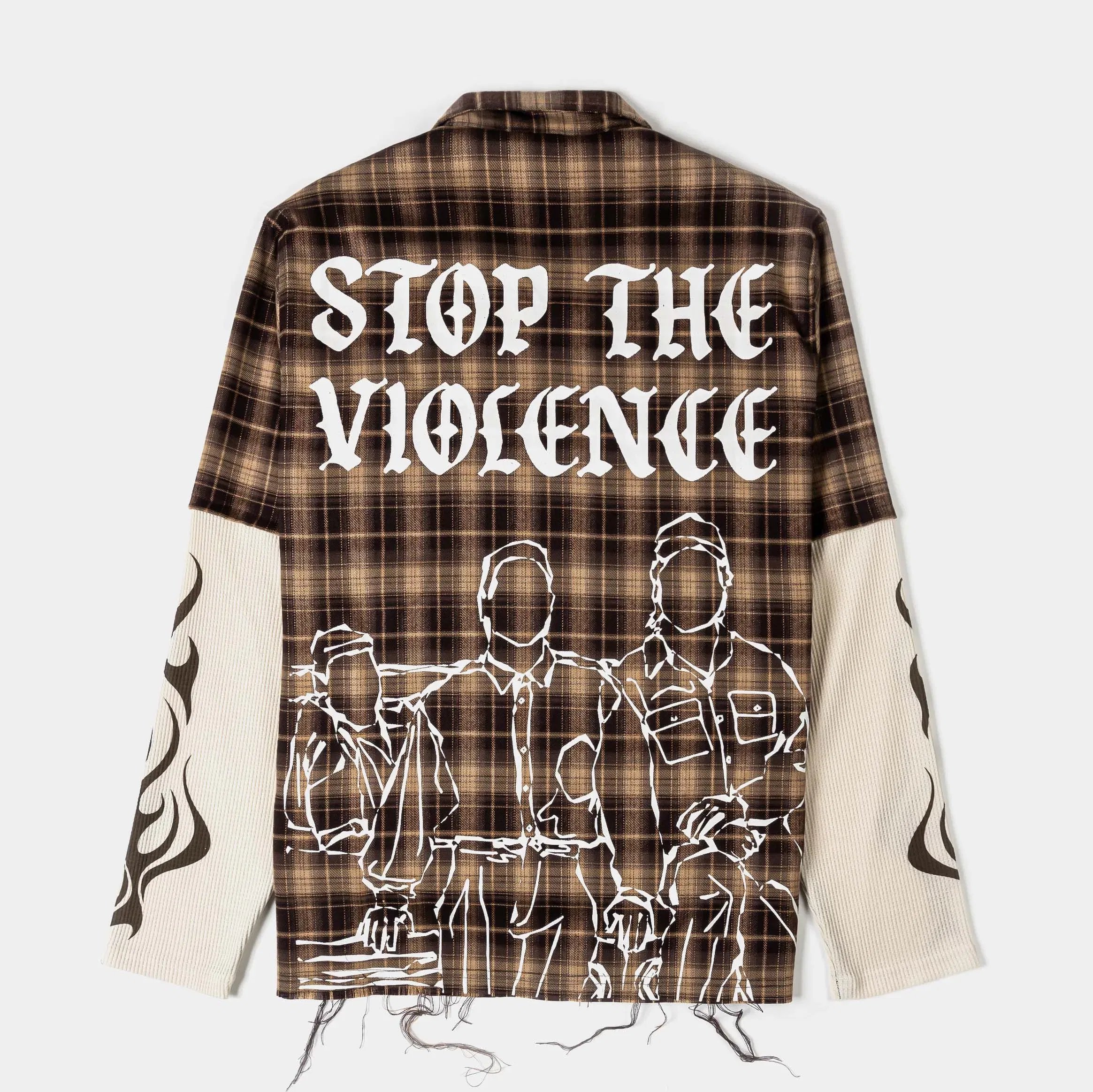 BOYZNTHEHOOD X SP SP x Boyz N The Hood Stop The Violence Button Up Mens Long Sleeve Shirt (Brown/White)