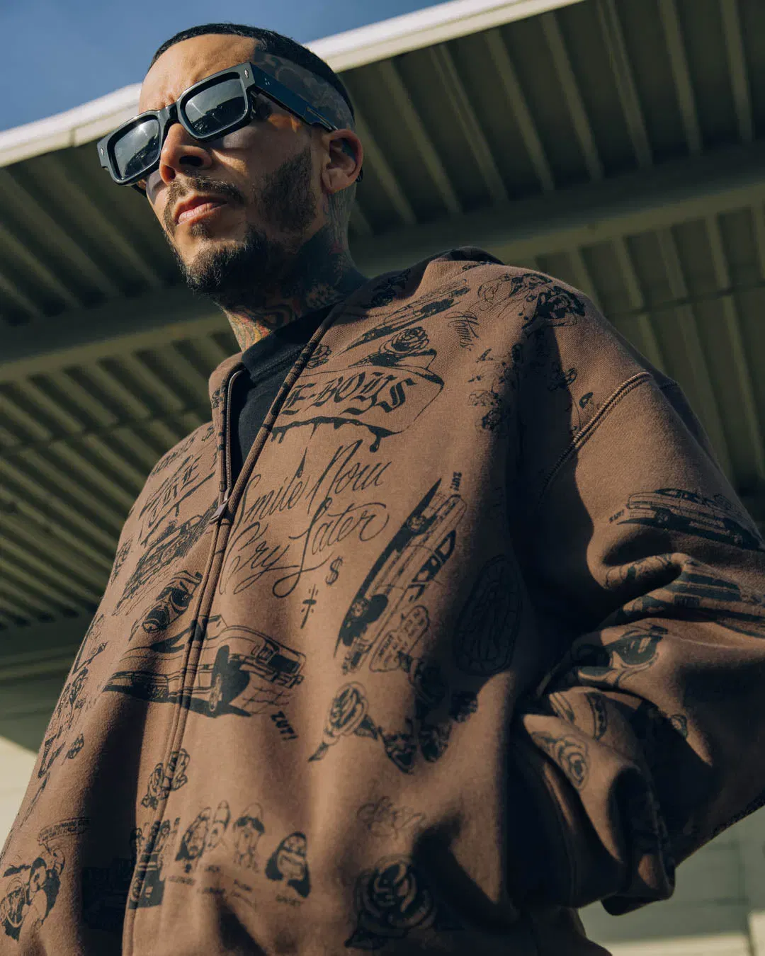 HOMIES X SP SP x Homies All Over Print Zip Up Fleece Mens Hoodie (Brown/Black)