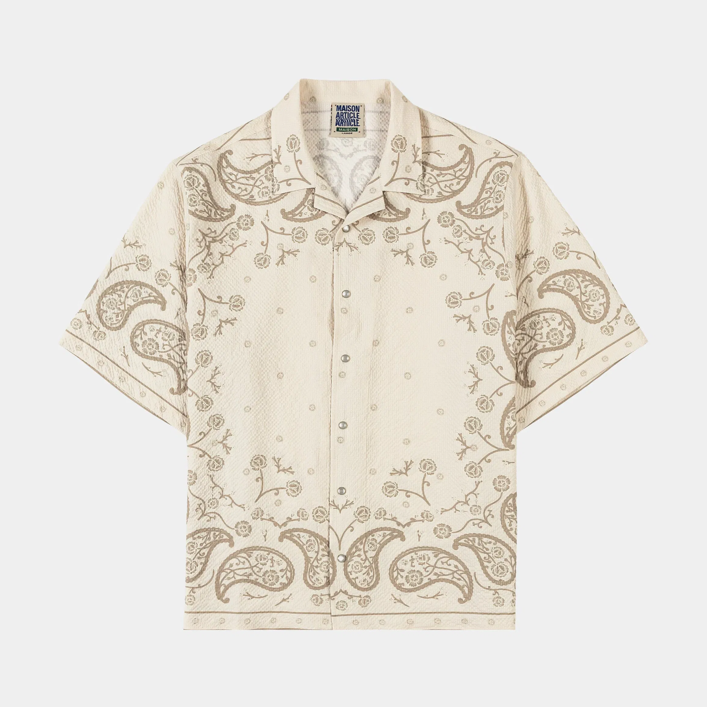 MAISON ARTICLE Paisley Seersucker Mens Short Sleeve Shirt (Beige)