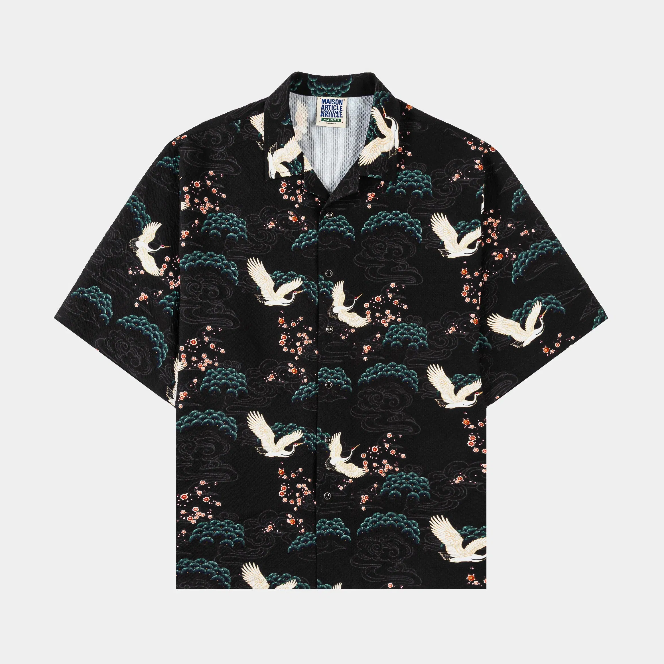 MAISON ARTICLE Cranes Seersucker Mens Short Sleeve Shirt (Black/Green)