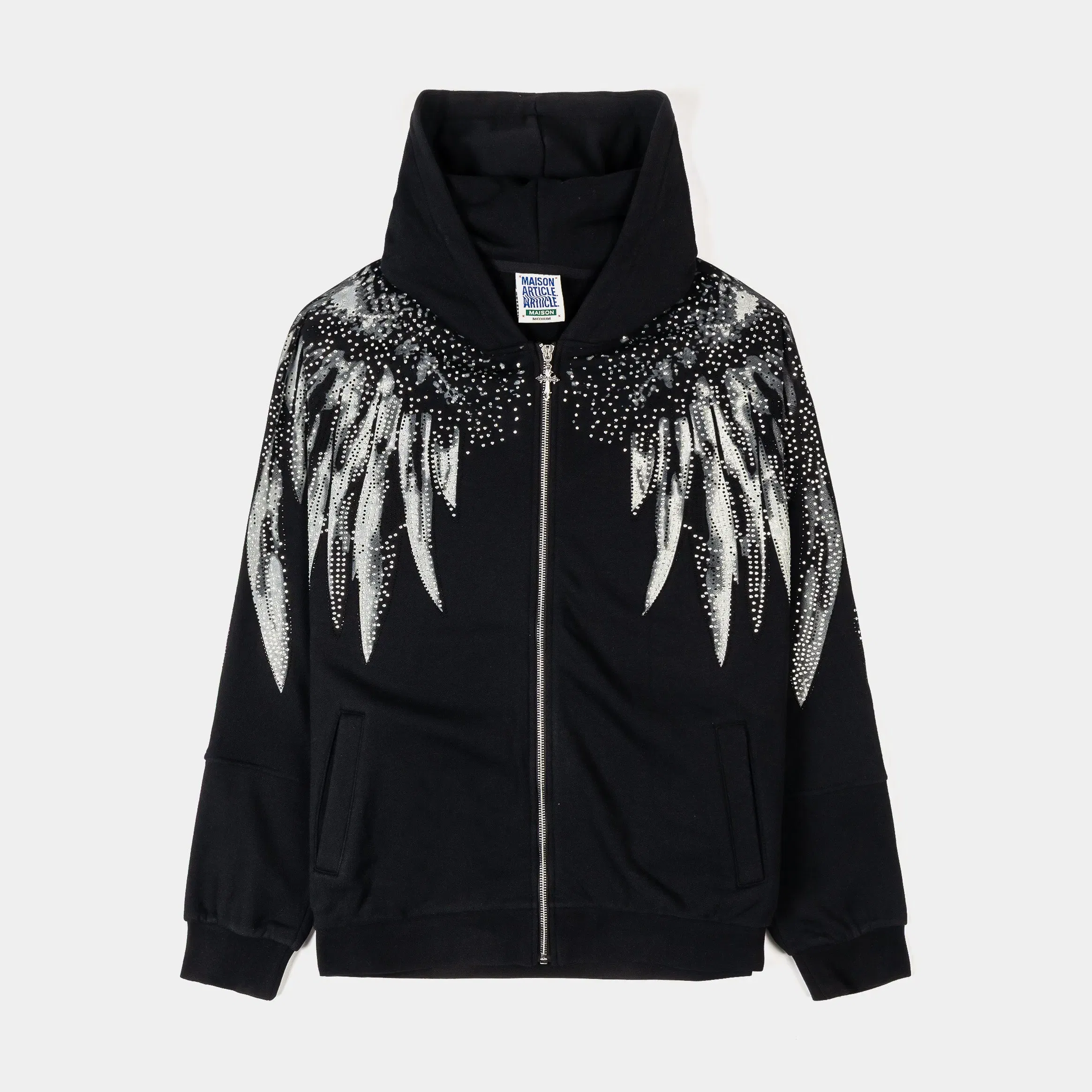 MAISON ARTICLE Rhinestone Wings Zip Up Mens Hoodie (Black/Grey)