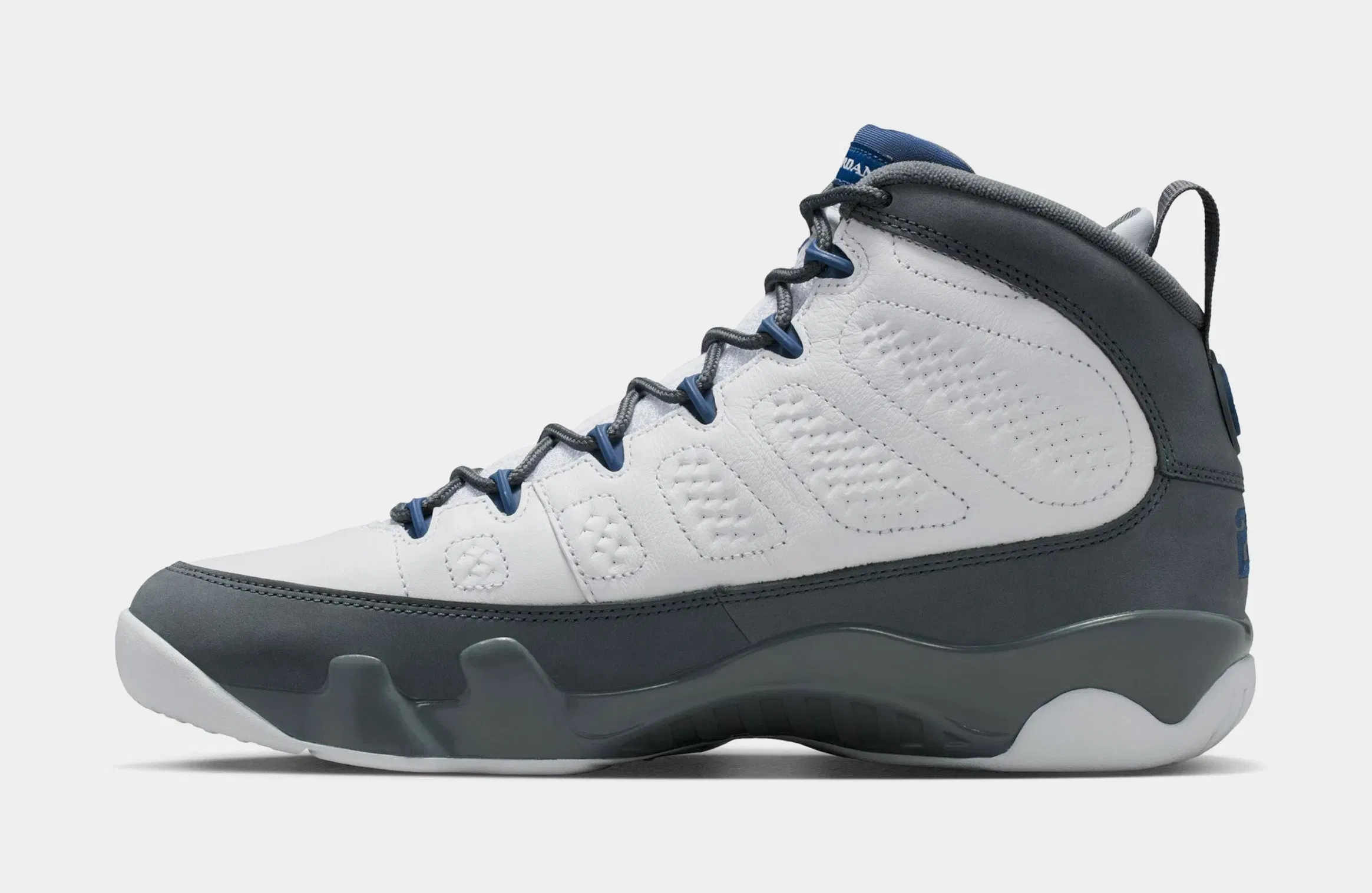 Air Jordan 9 Retro Flint Grey and French Blue Mens Lifestyle Shoes (White/French Blue/Flint Grey)