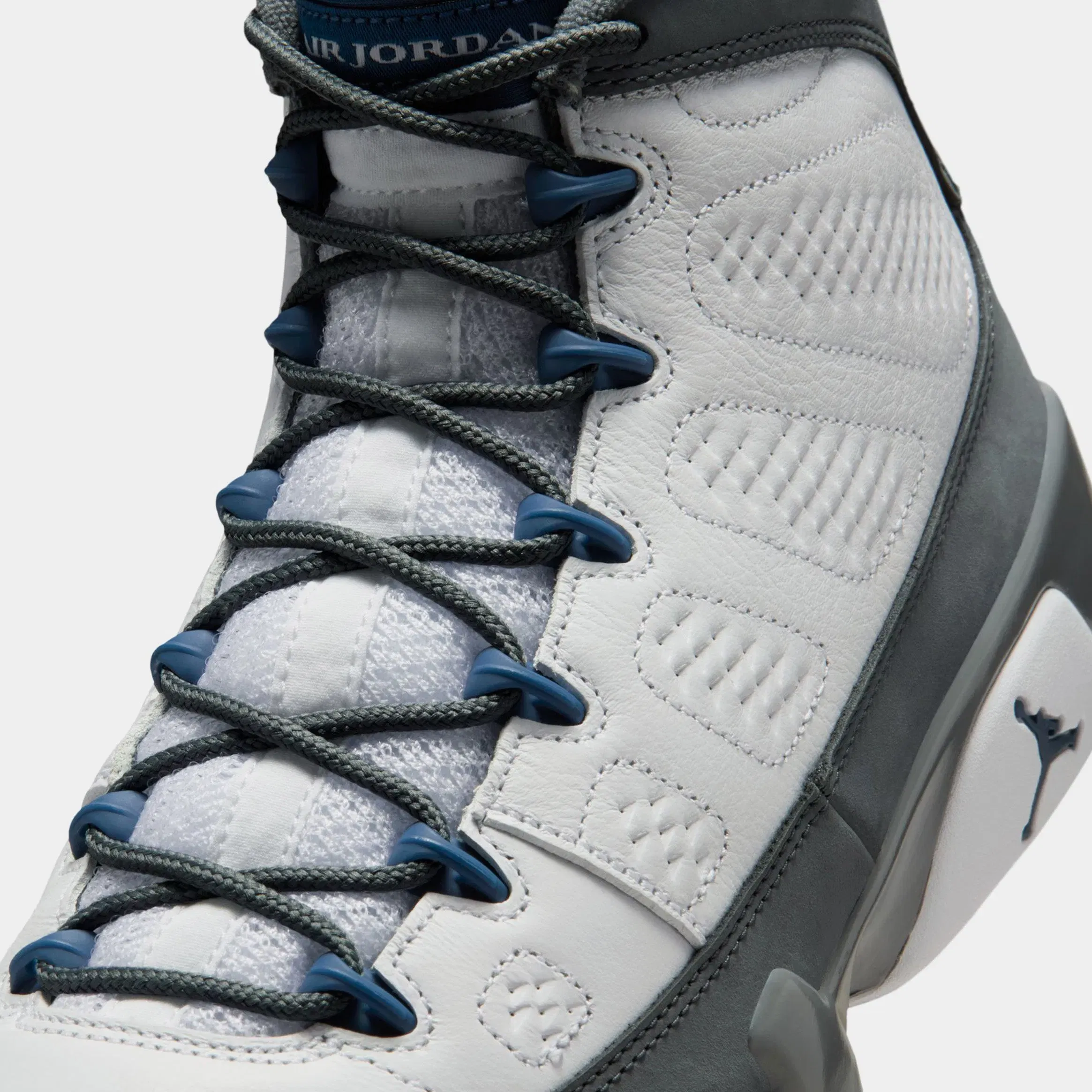 Air Jordan 9 Retro Flint Grey and French Blue Mens Lifestyle Shoes (White/French Blue/Flint Grey)