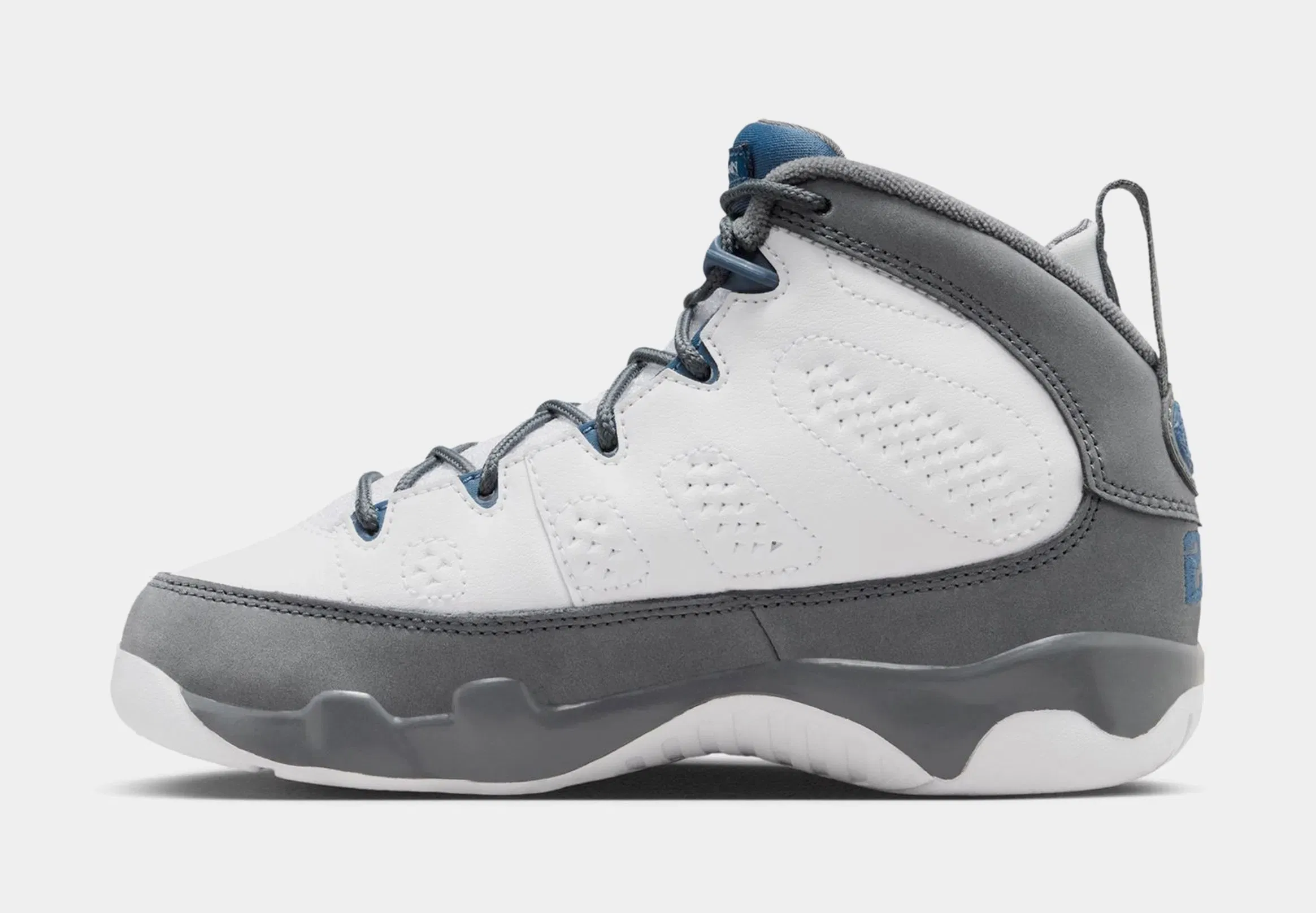 Air Jordan 9 Retro Flint Grey and French Blue Preschool Lifestyle Shoes (White/French Blue/Flint Grey)