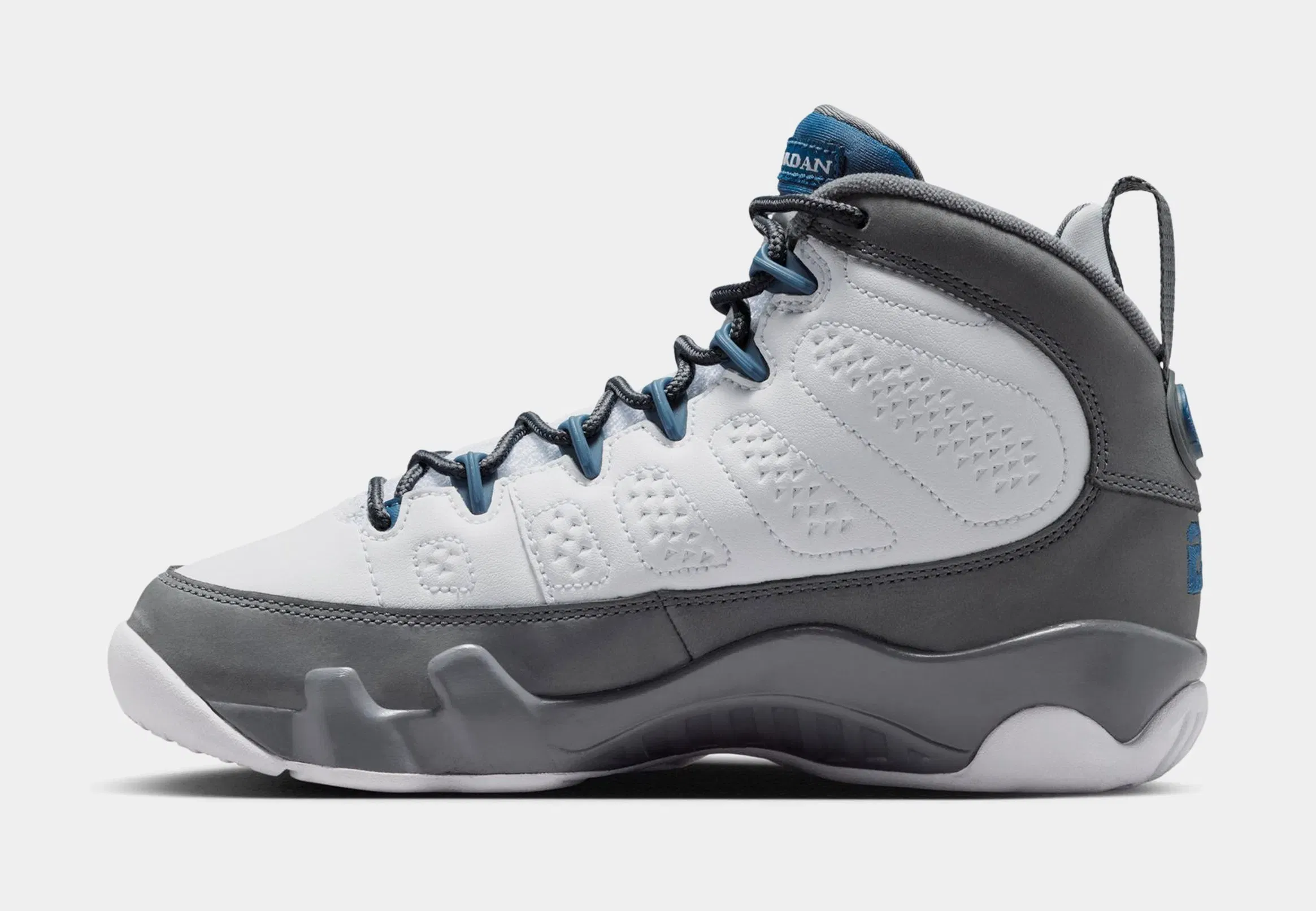 Air Jordan 9 Retro Flint Grey and French Blue Grade School Lifestyle Shoes (White/French Blue/Flint Grey)