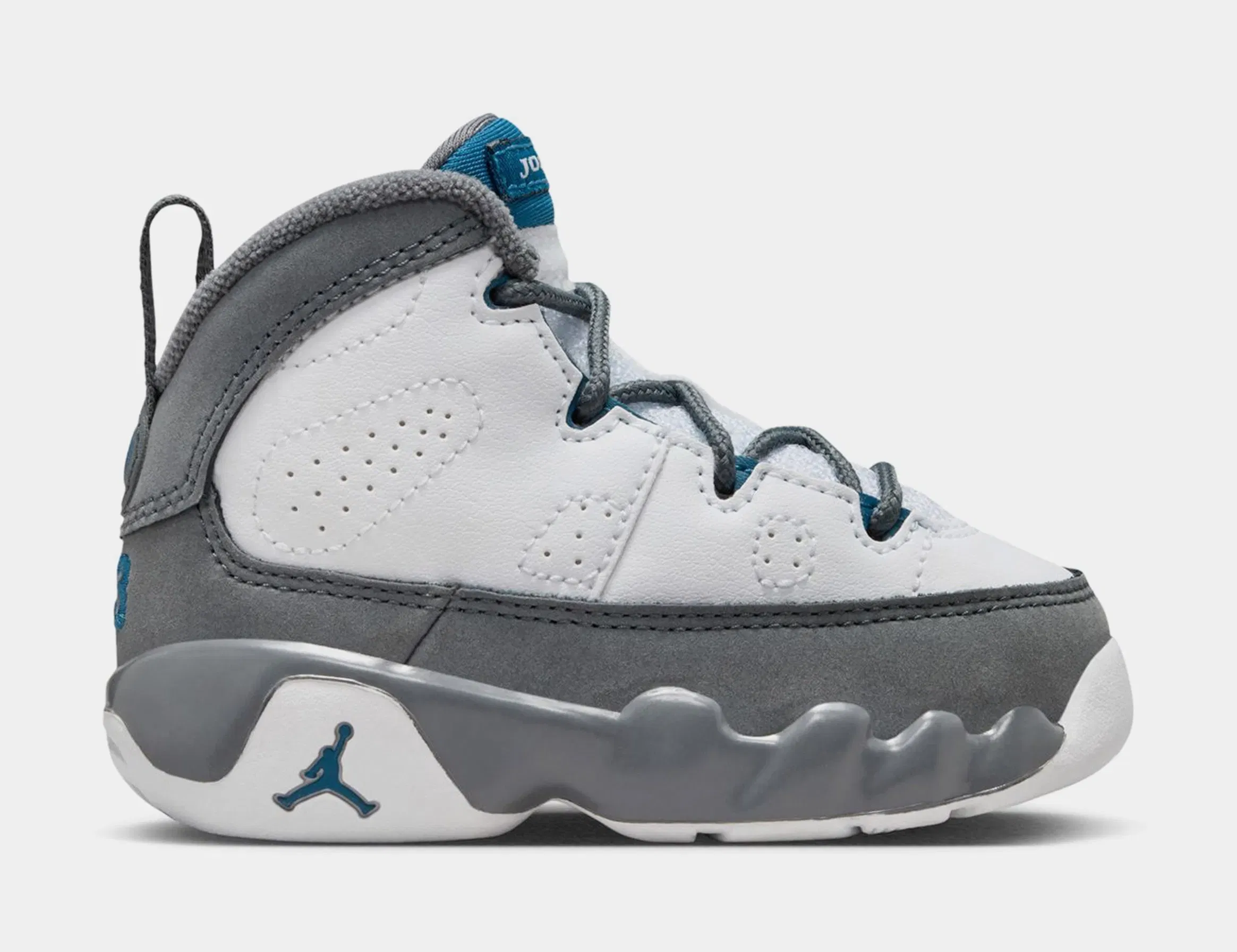 Air Jordan 9 Retro Flint Grey and French Blue Infant Toddler Lifestyle Shoes (White/French Blue/Flint Grey)