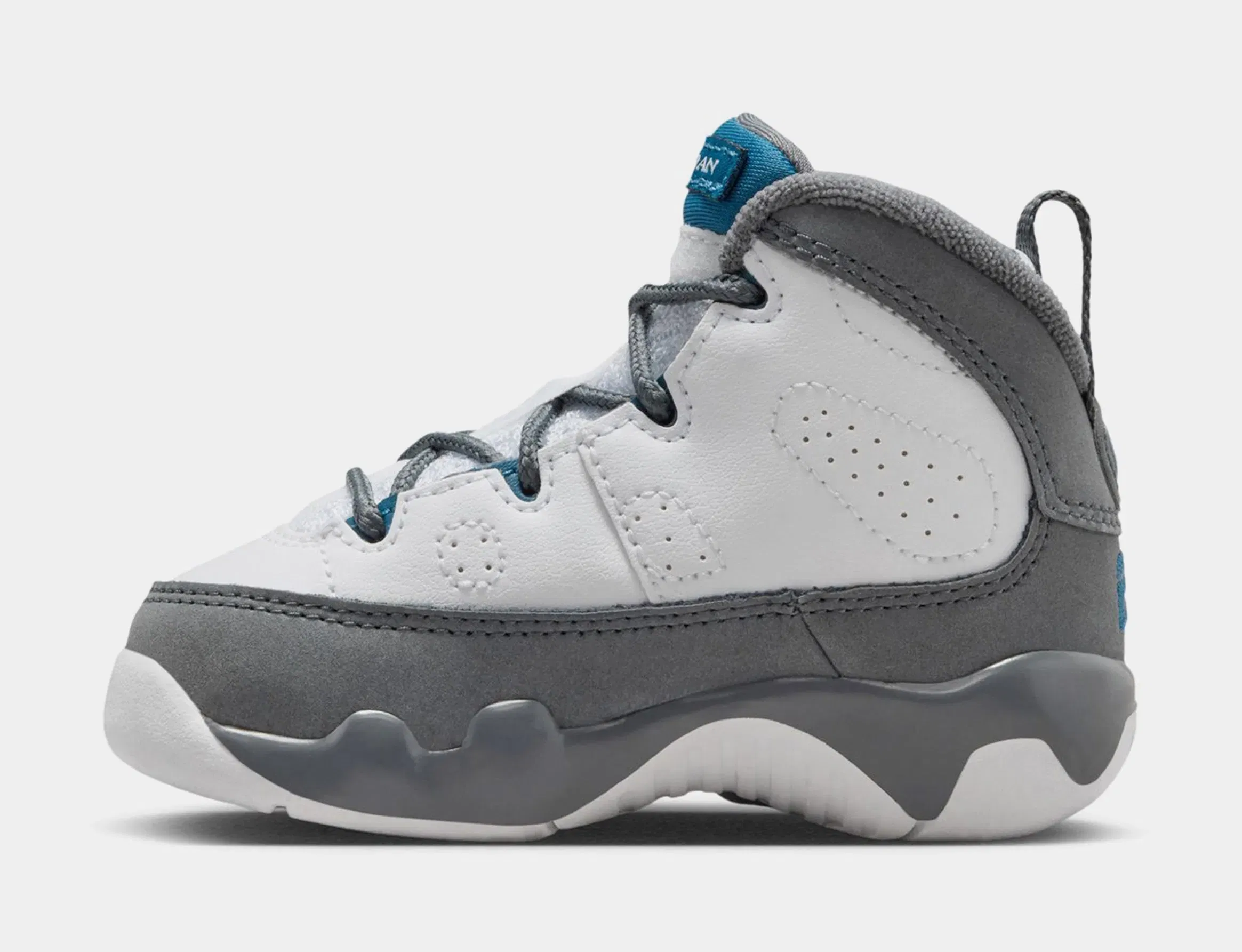 Air Jordan 9 Retro Flint Grey and French Blue Infant Toddler Lifestyle Shoes (White/French Blue/Flint Grey)