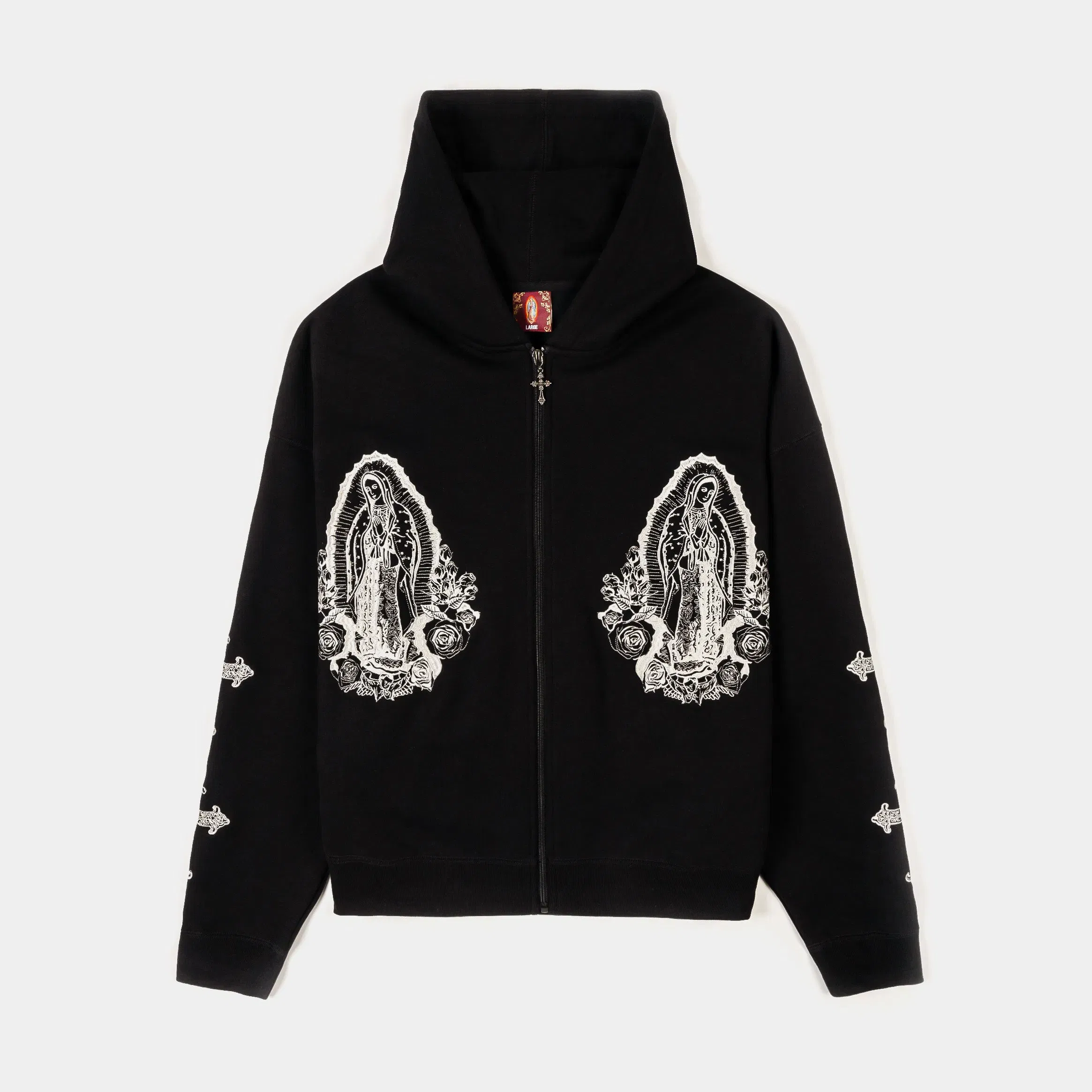 CTHDRL Embroidered Guadalupe Cropped Washed Zip Up Mens Hoodie (Black/Beige)