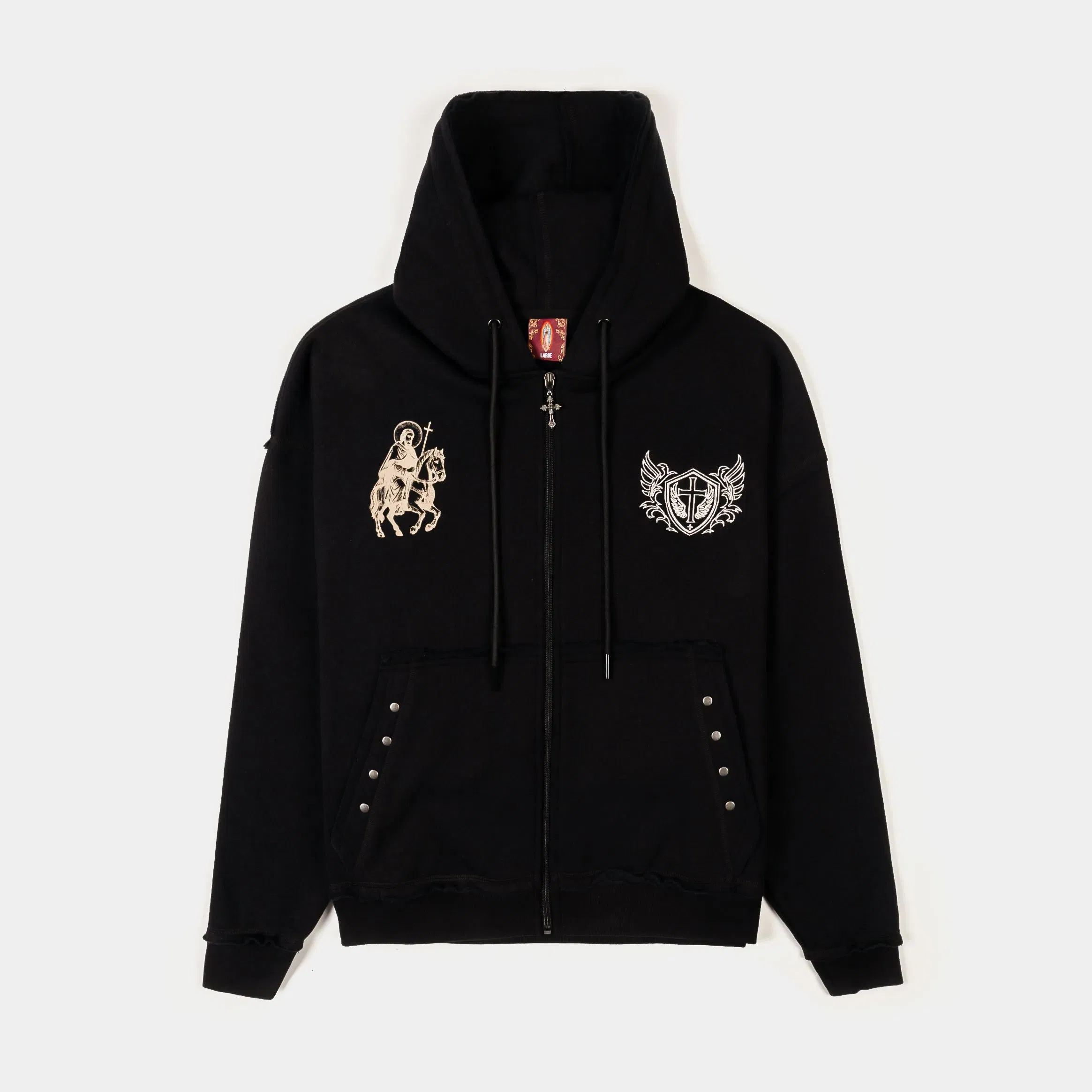 CTHDRL Our Father Cropped Zip Up Mens Hoodie (Black/Beige)