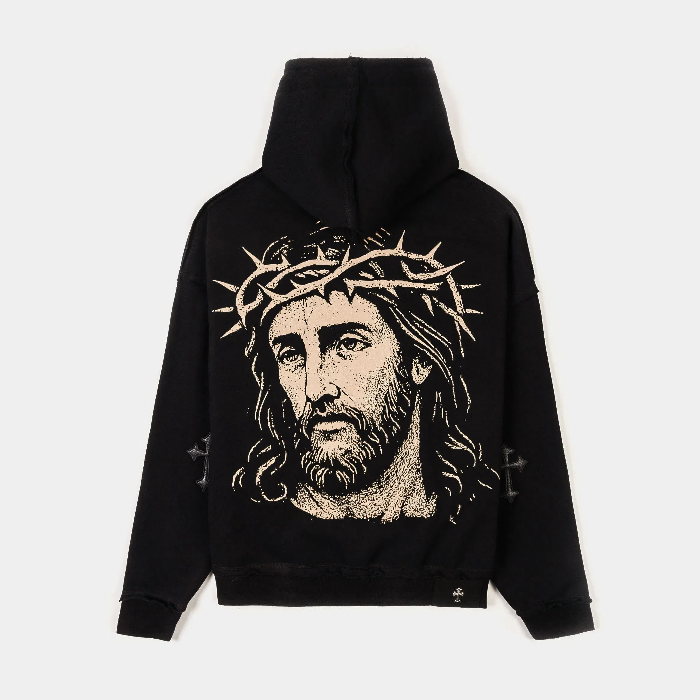 CTHDRL Our Father Cropped Zip Up Mens Hoodie (Black/Beige)
