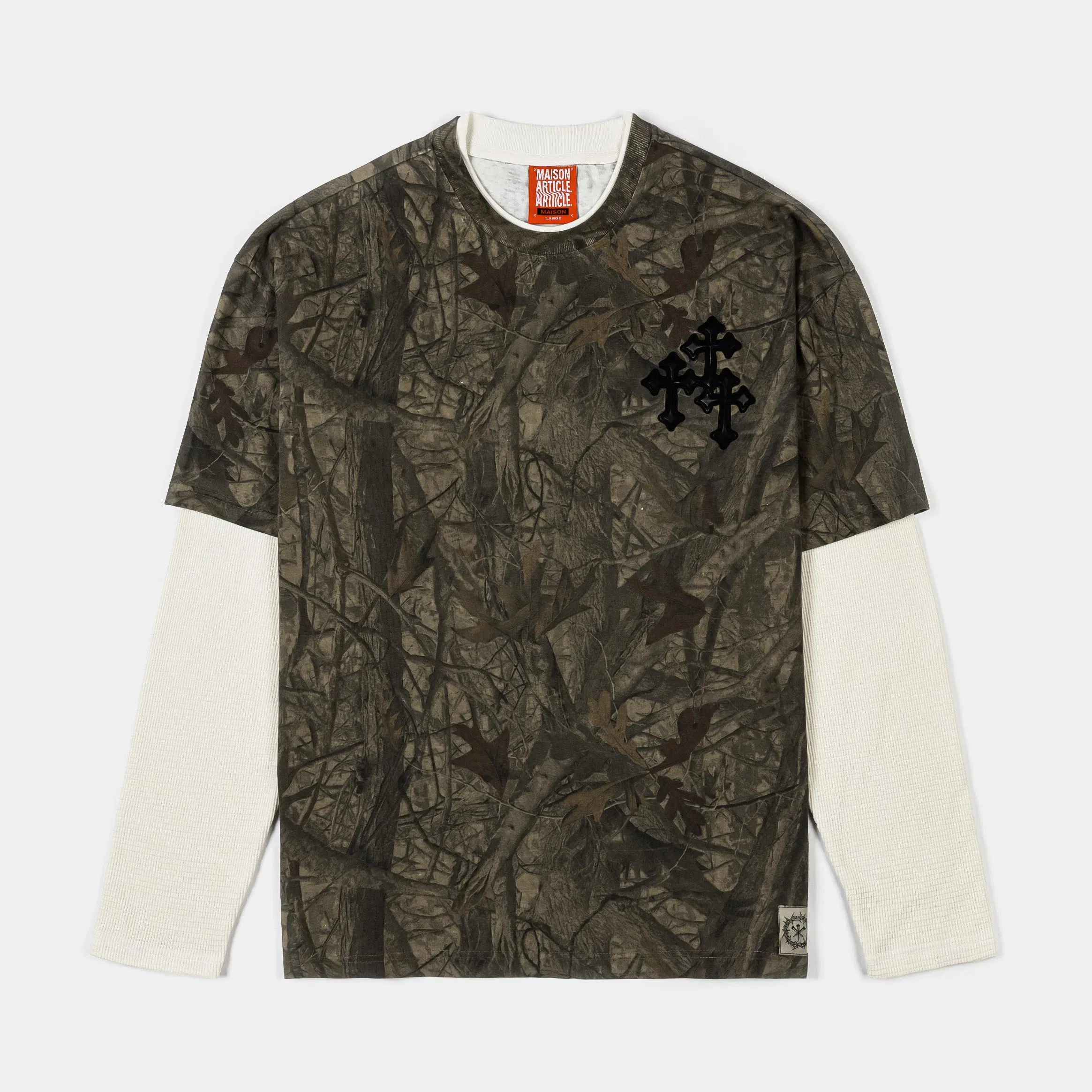MAISON ARTICLE Cross Layered Thermal Mens Long Sleeve Shirt (Brown/White)