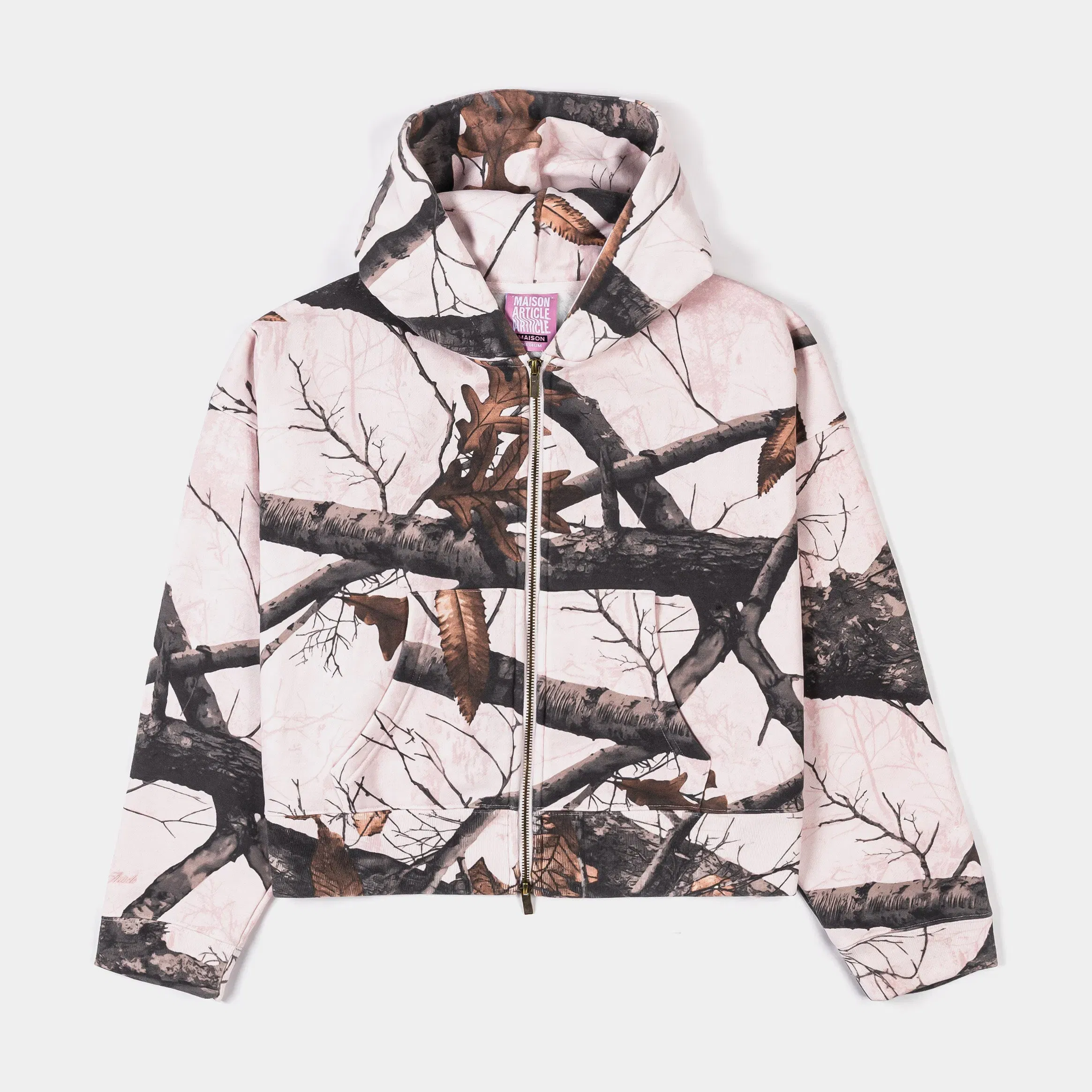 MAISON ARTICLE Camo Fleece Cropped Zip Up Womens Hoodie (Pink/Brown)