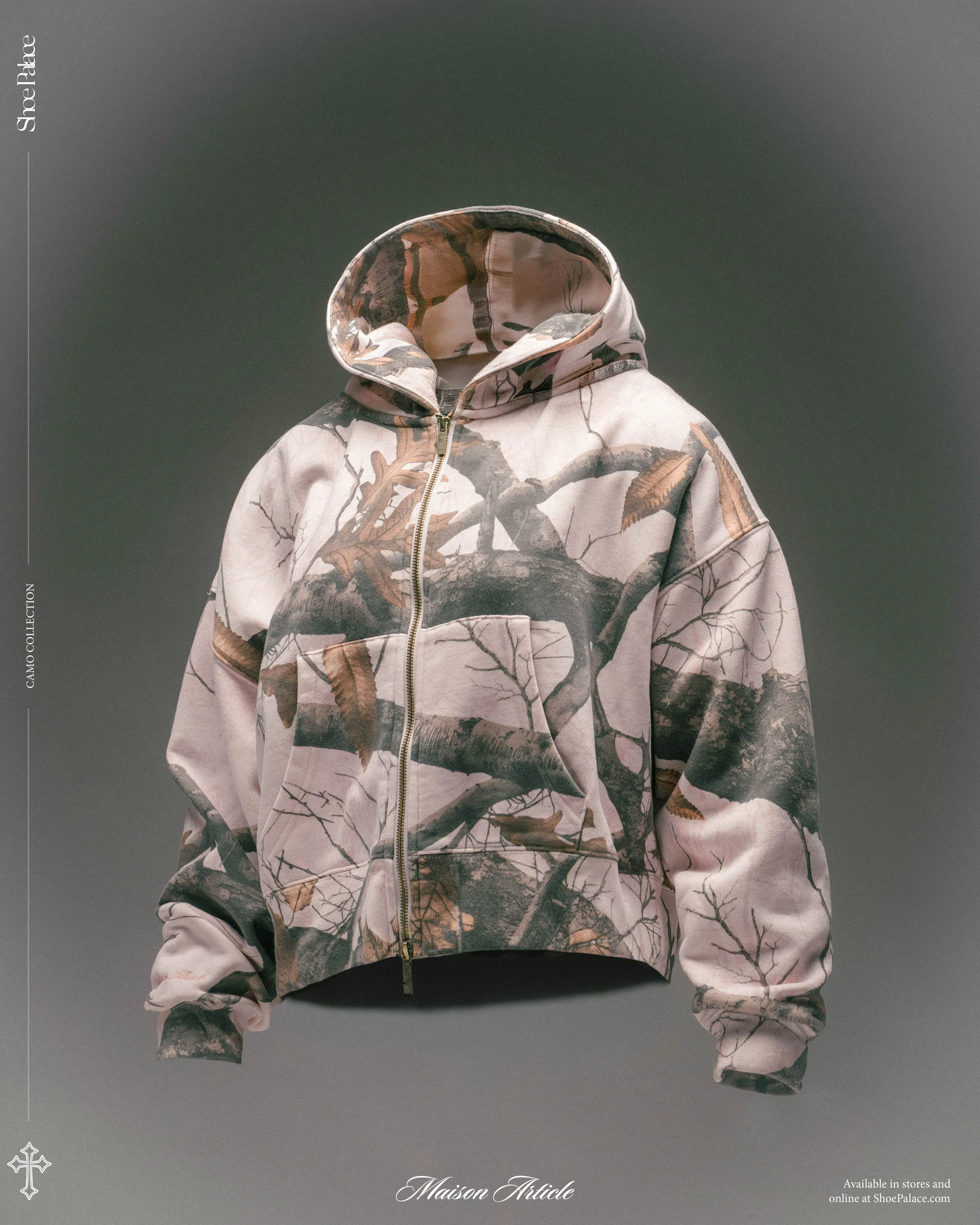 MAISON ARTICLE Camo Fleece Cropped Zip Up Womens Hoodie (Pink/Brown)