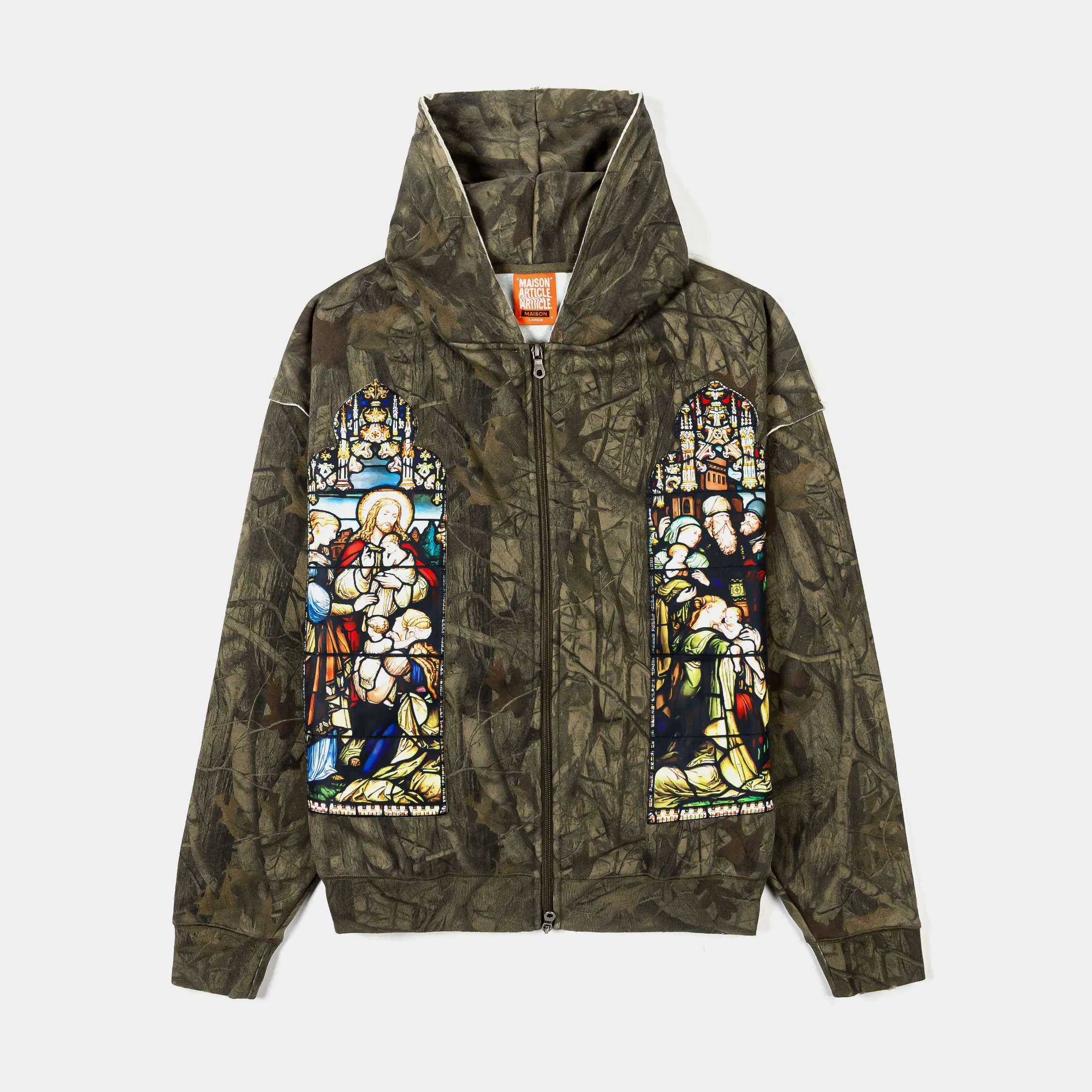 MAISON ARTICLE Stained Glass Camo Fleece Zip Up Mens Hoodie (Brown)