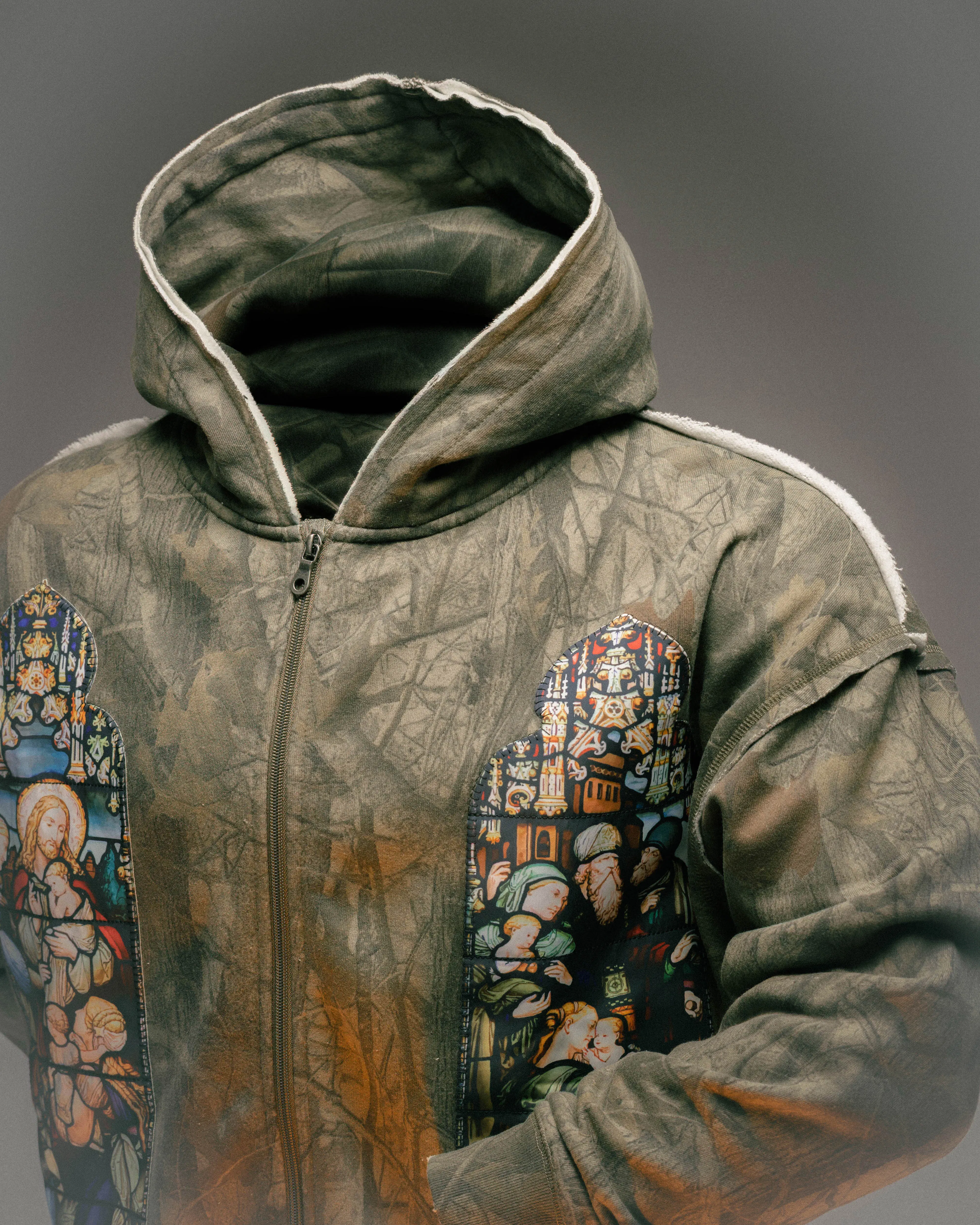 MAISON ARTICLE Stained Glass Camo Fleece Zip Up Mens Hoodie (Brown)