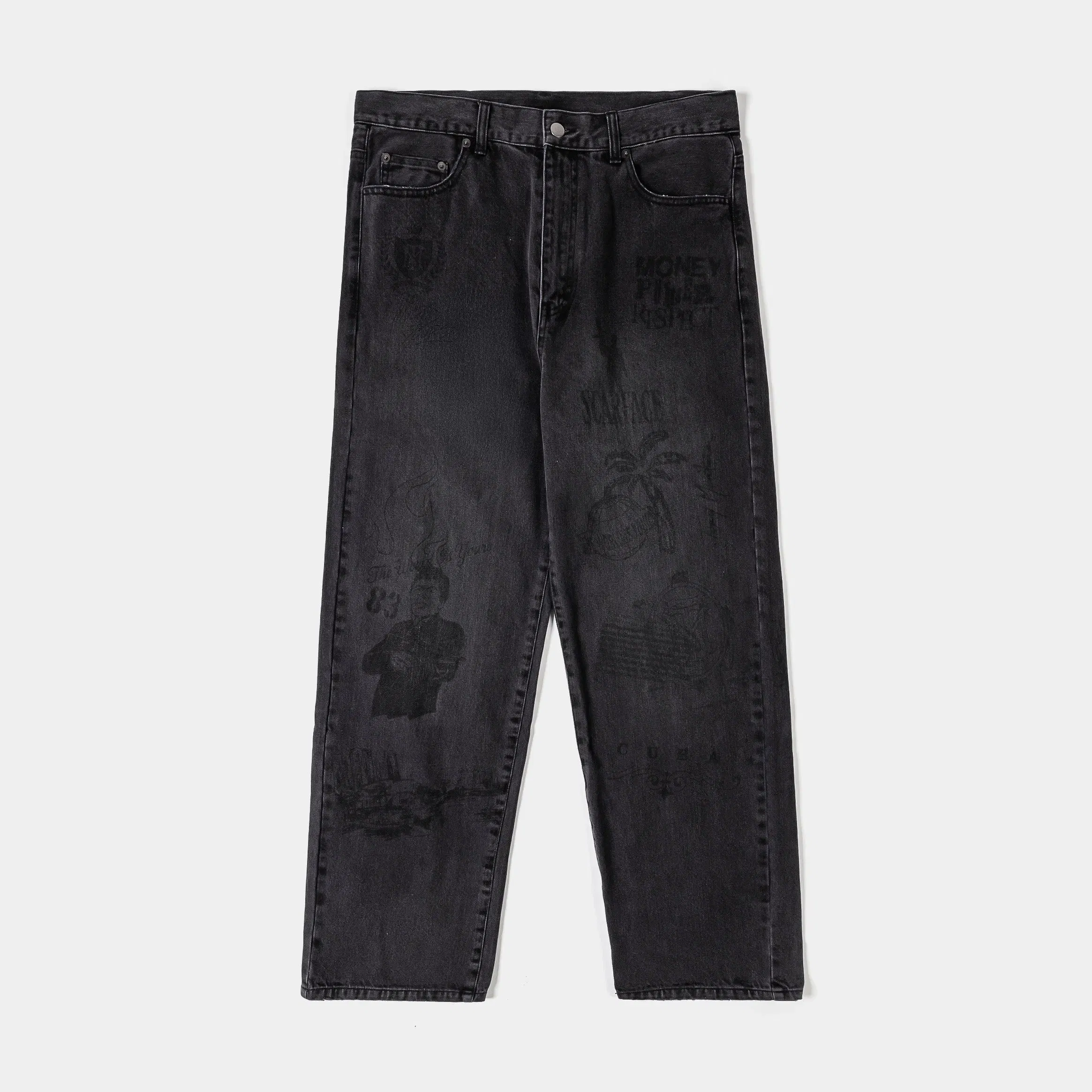 SCARFACE X SP SP x Scarface All Over Print Oversized Demin Washed Mens Pants (Black/Black)