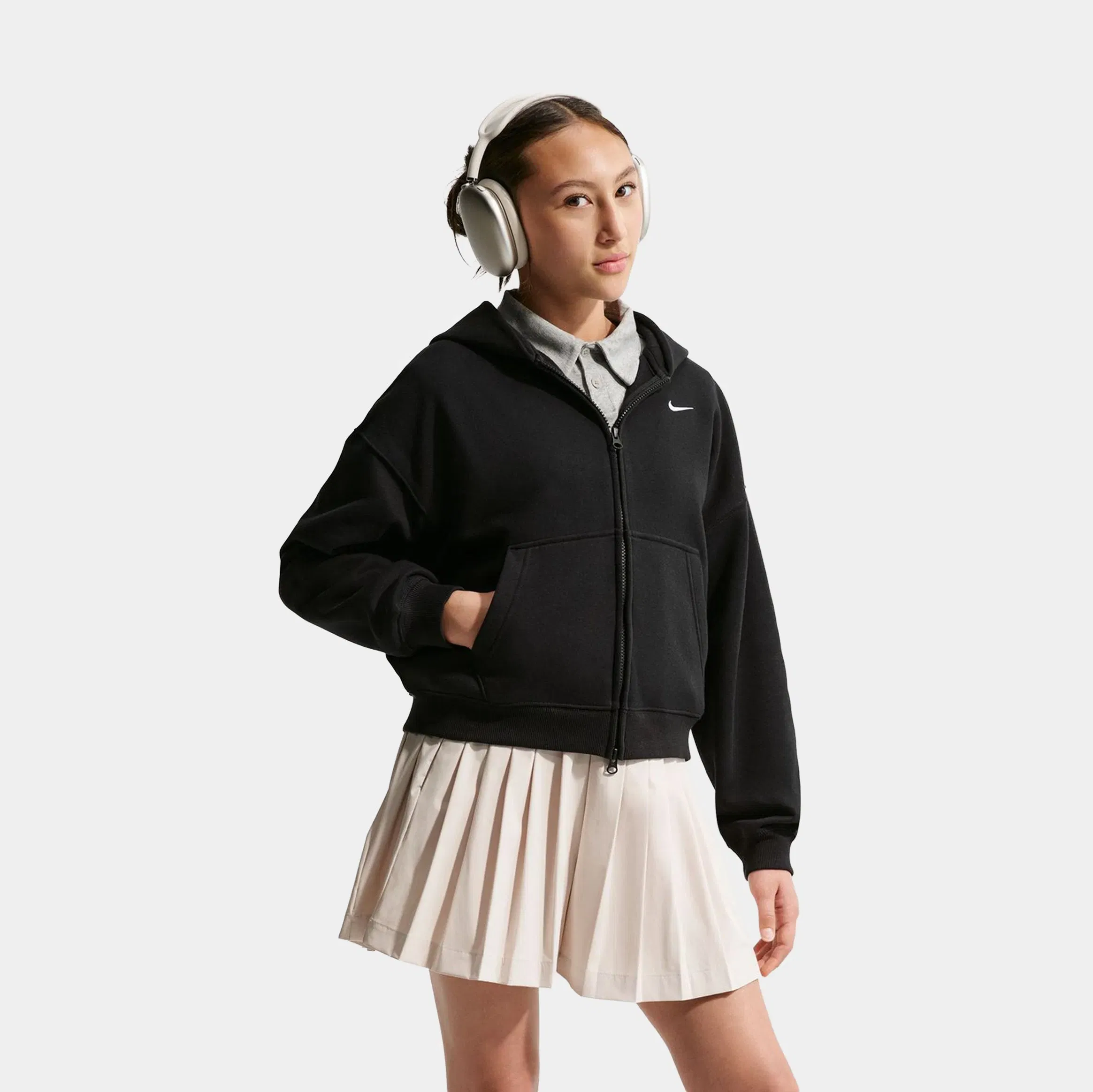 Nike Sportswear Studio Fleece Oversized Full Zip Grade School Hoodie (Black/White)