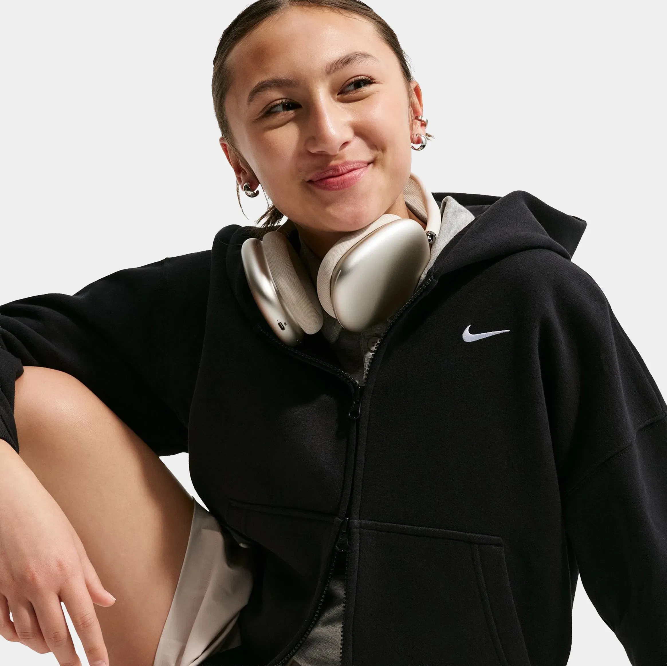 Nike Sportswear Studio Fleece Oversized Full Zip Grade School Hoodie (Black/White)