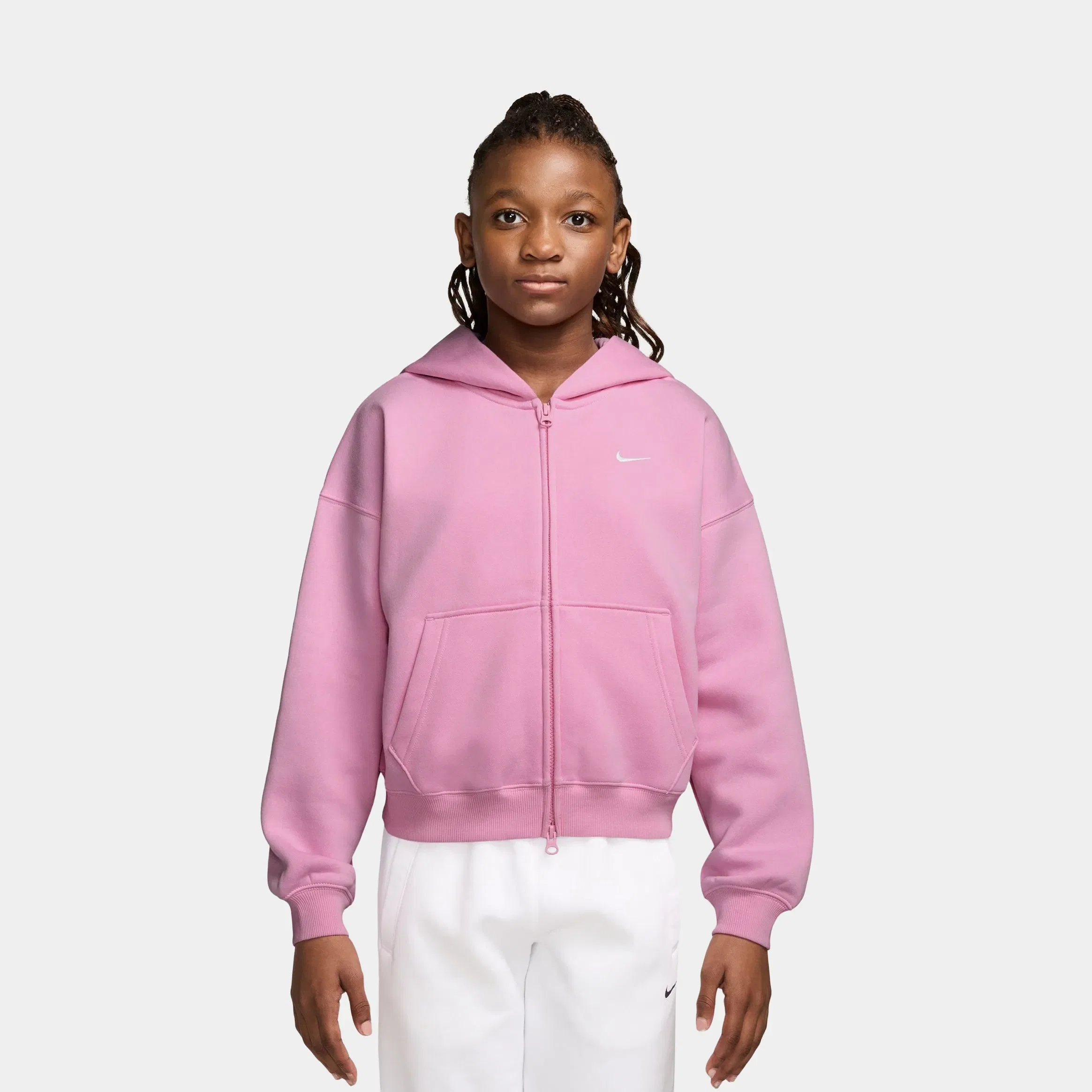 Nike Sportswear Studio Fleece Oversized Full Zip Grade School Hoodie (Pink Rise/White)