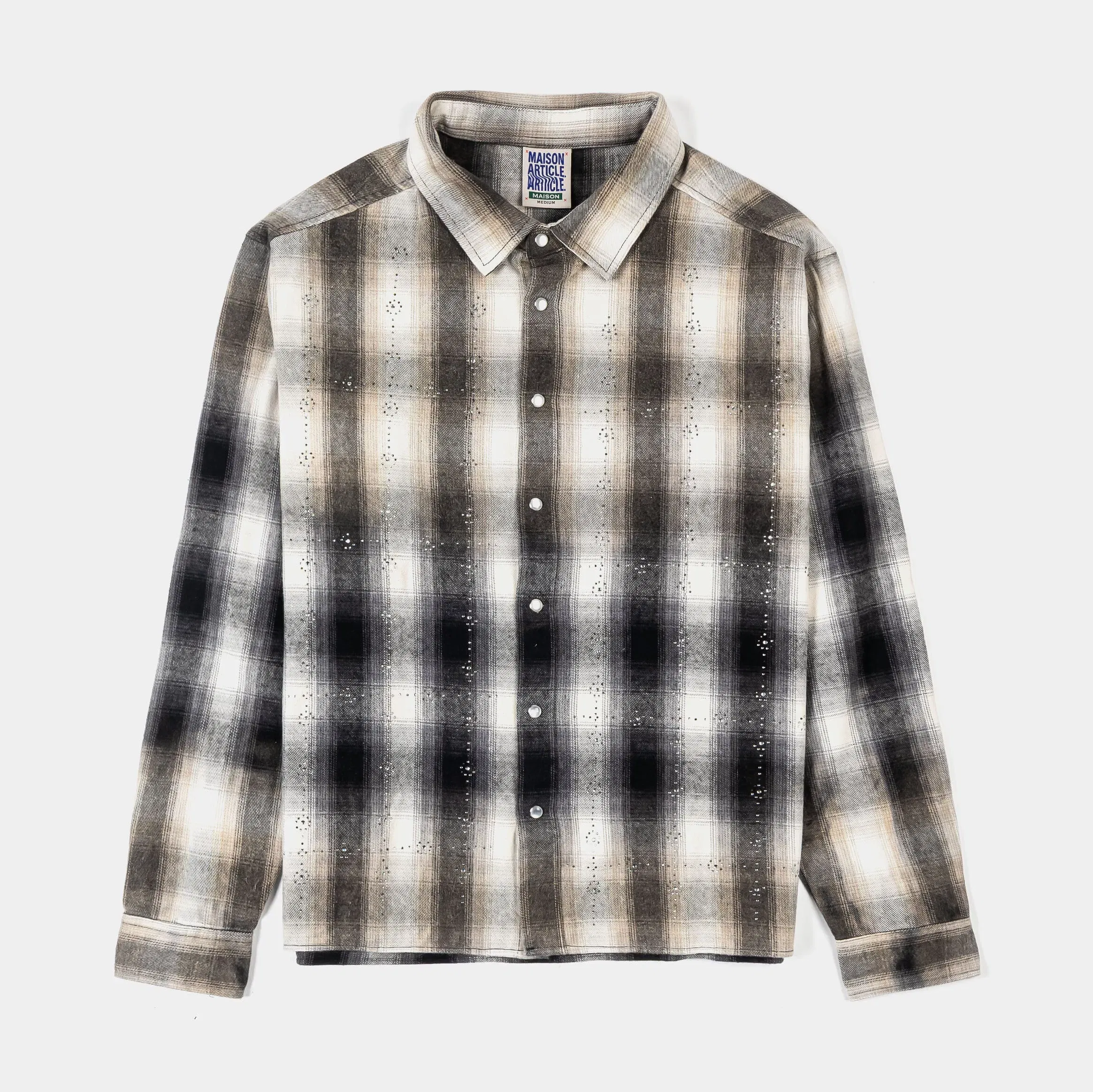 MAISON ARTICLE Rhinestone Plaid Button Up Mens Long Sleeve Shirt (Black/Grey)