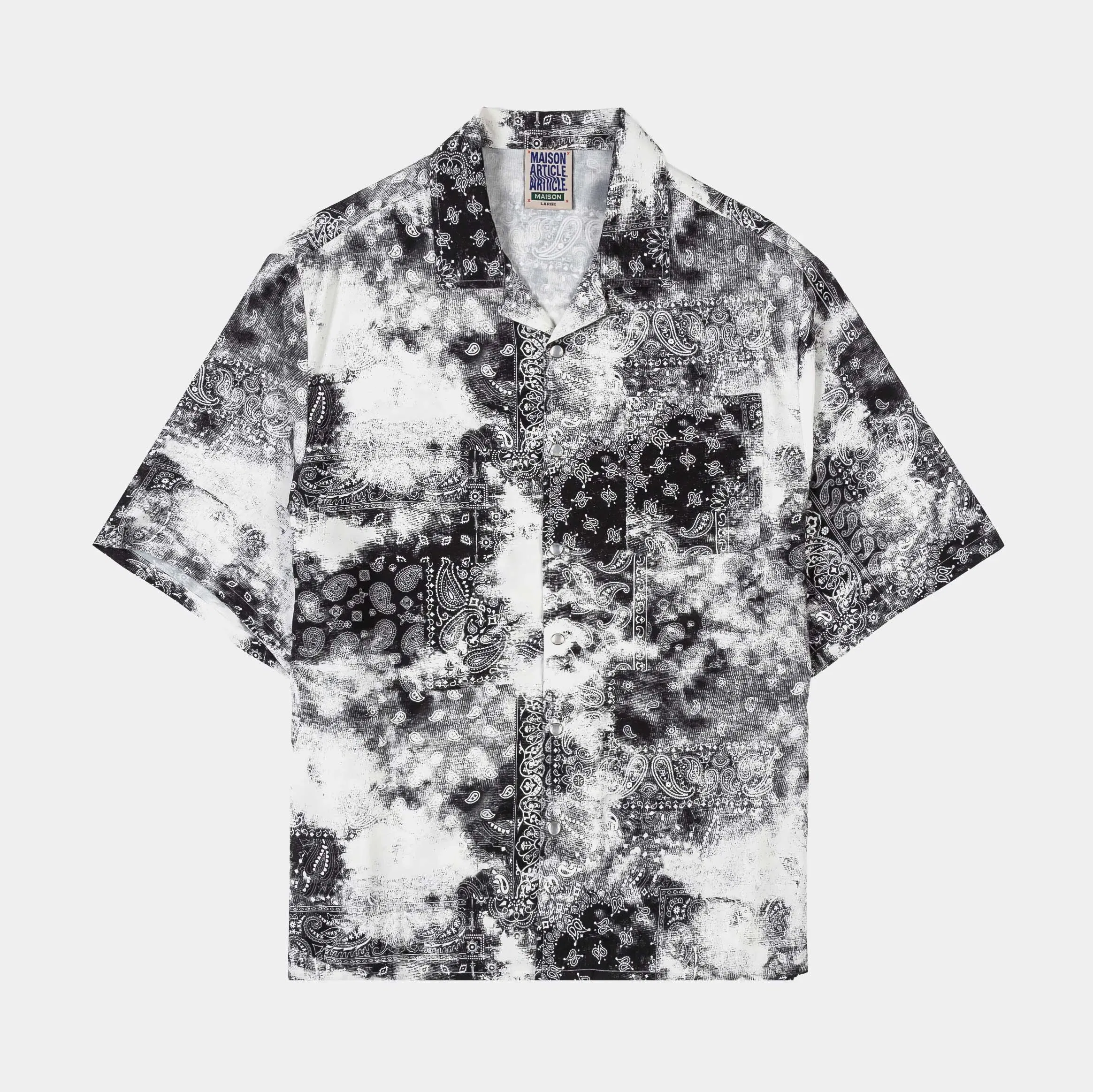 MAISON ARTICLE Tie Dye Paisley Button Up Mens Short Sleeve Shirt (Black/White)