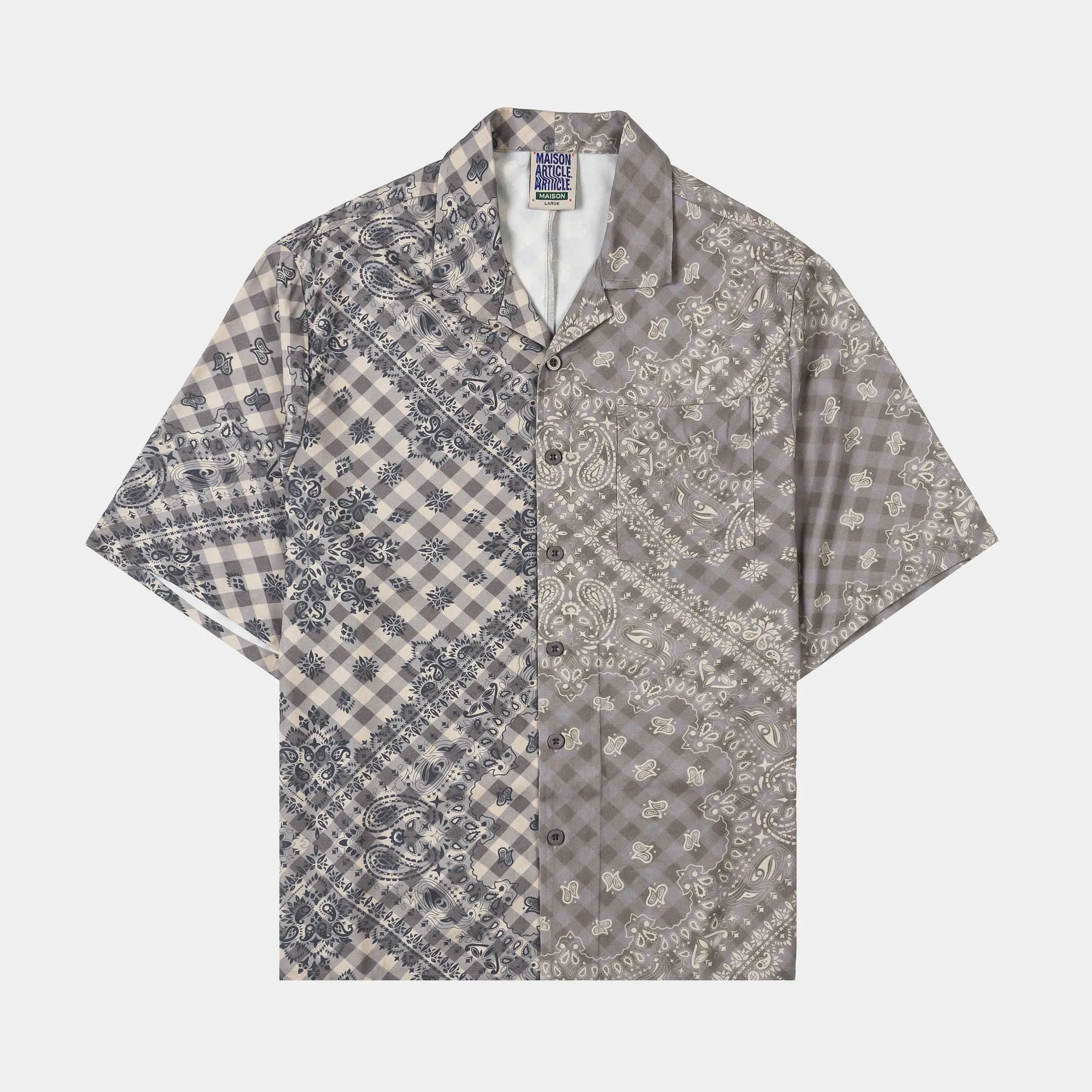 MAISON ARTICLE Paisley Gingham Button Up Mens Short Sleeve Shirt (Brown/Grey)