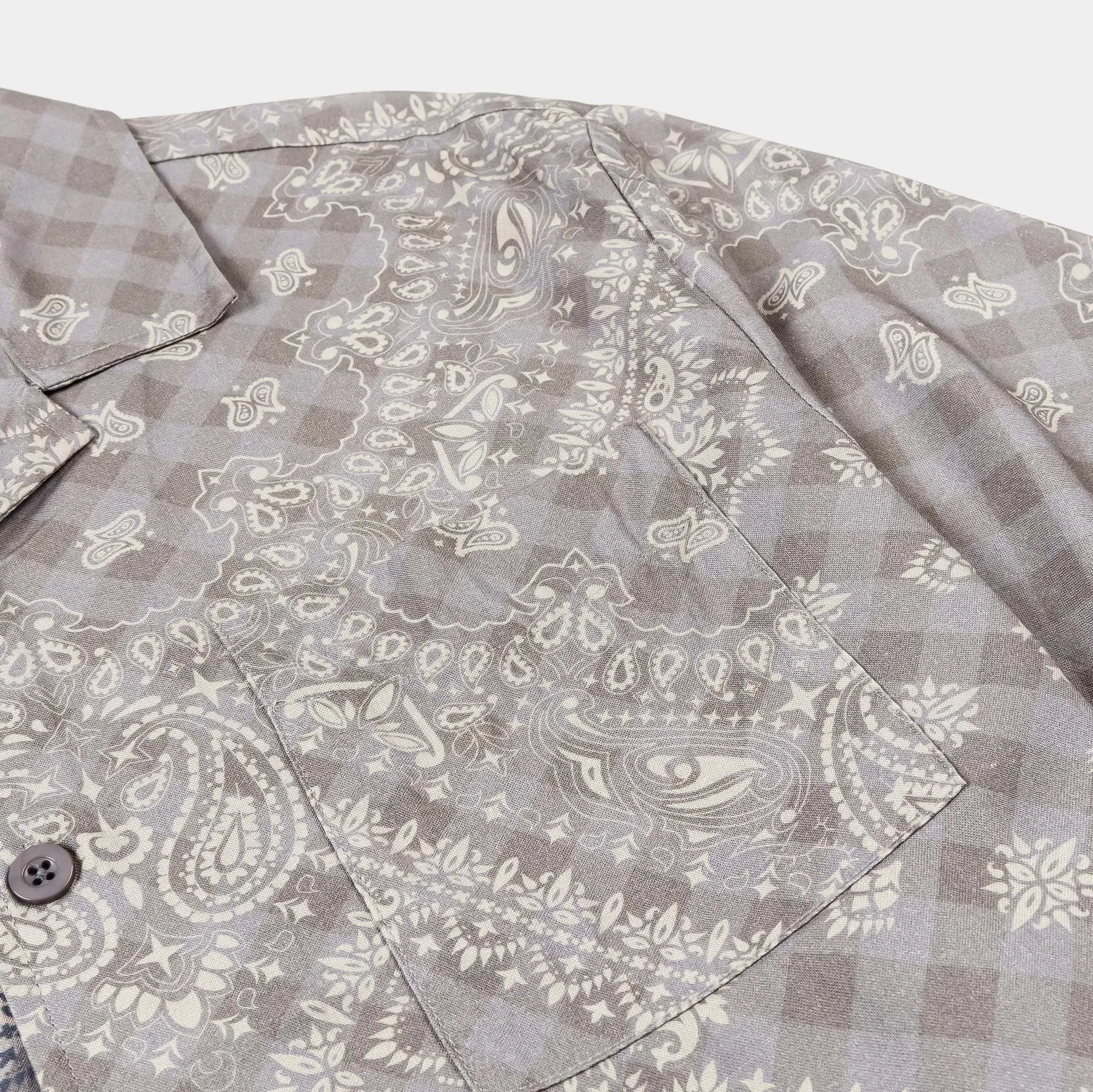 MAISON ARTICLE Paisley Gingham Button Up Mens Short Sleeve Shirt (Brown/Grey)