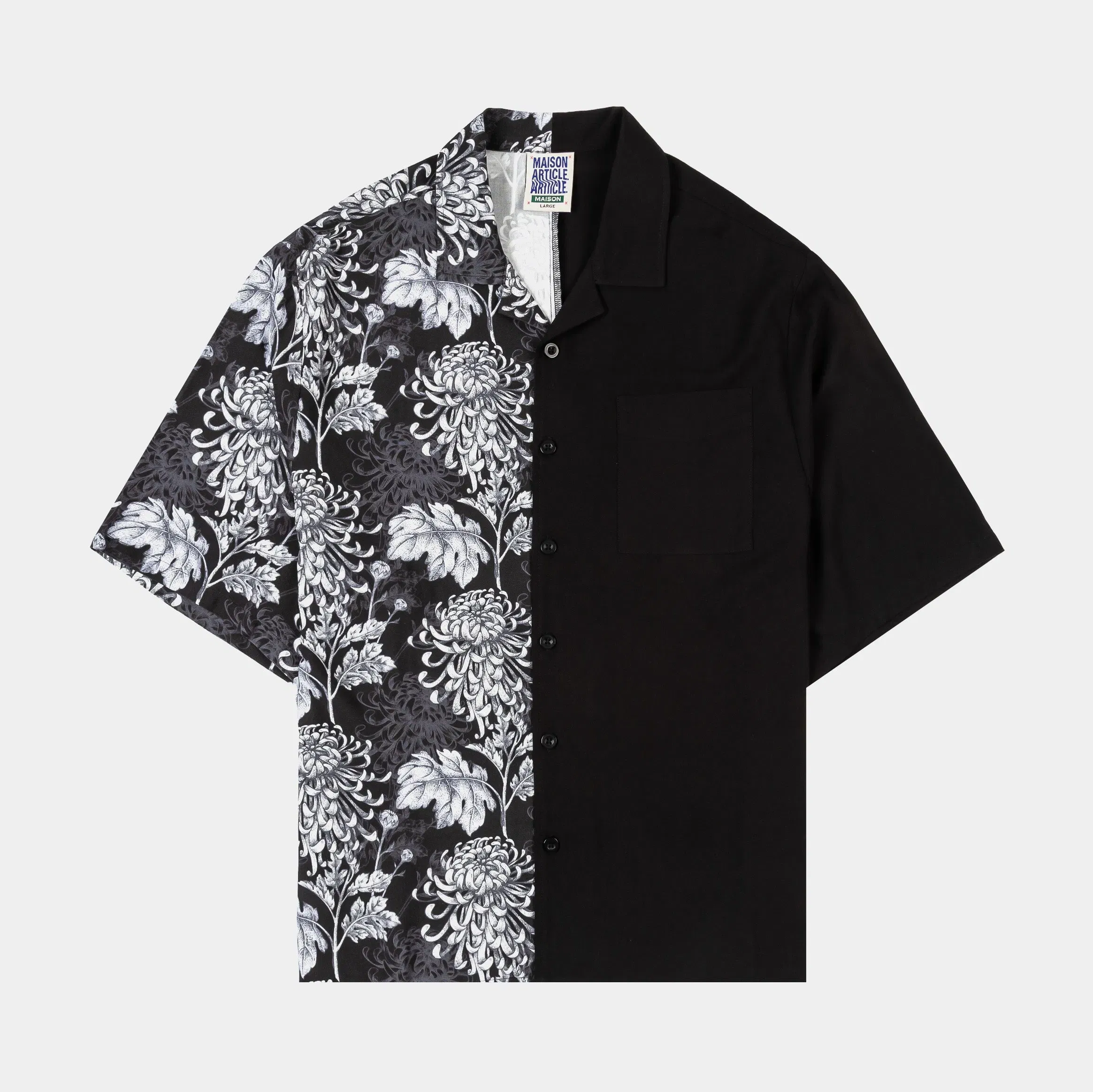 MAISON ARTICLE Floral Split Button Up Mens Short Sleeve Shirt (Black/Grey)