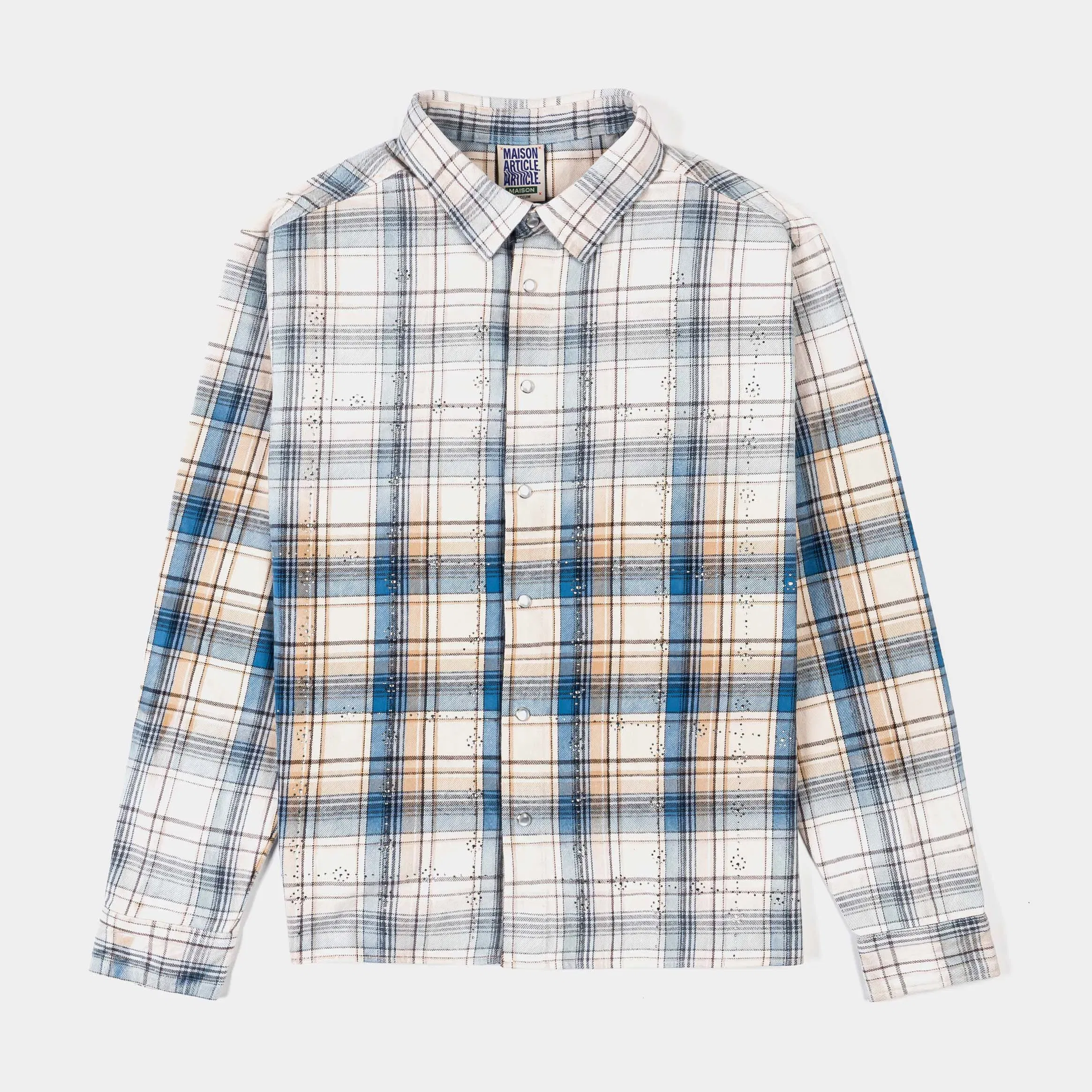MAISON ARTICLE Rhinestone Plaid Button Up Mens Long Sleeve Shirt (Blue/Grey)