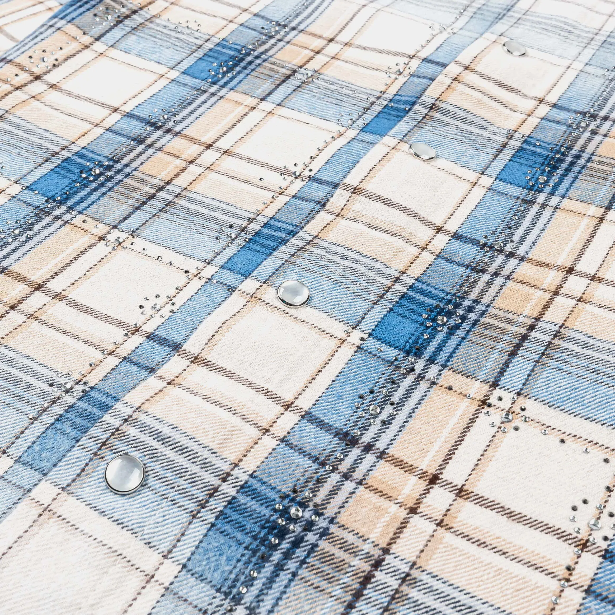MAISON ARTICLE Rhinestone Plaid Button Up Mens Long Sleeve Shirt (Blue/Grey)