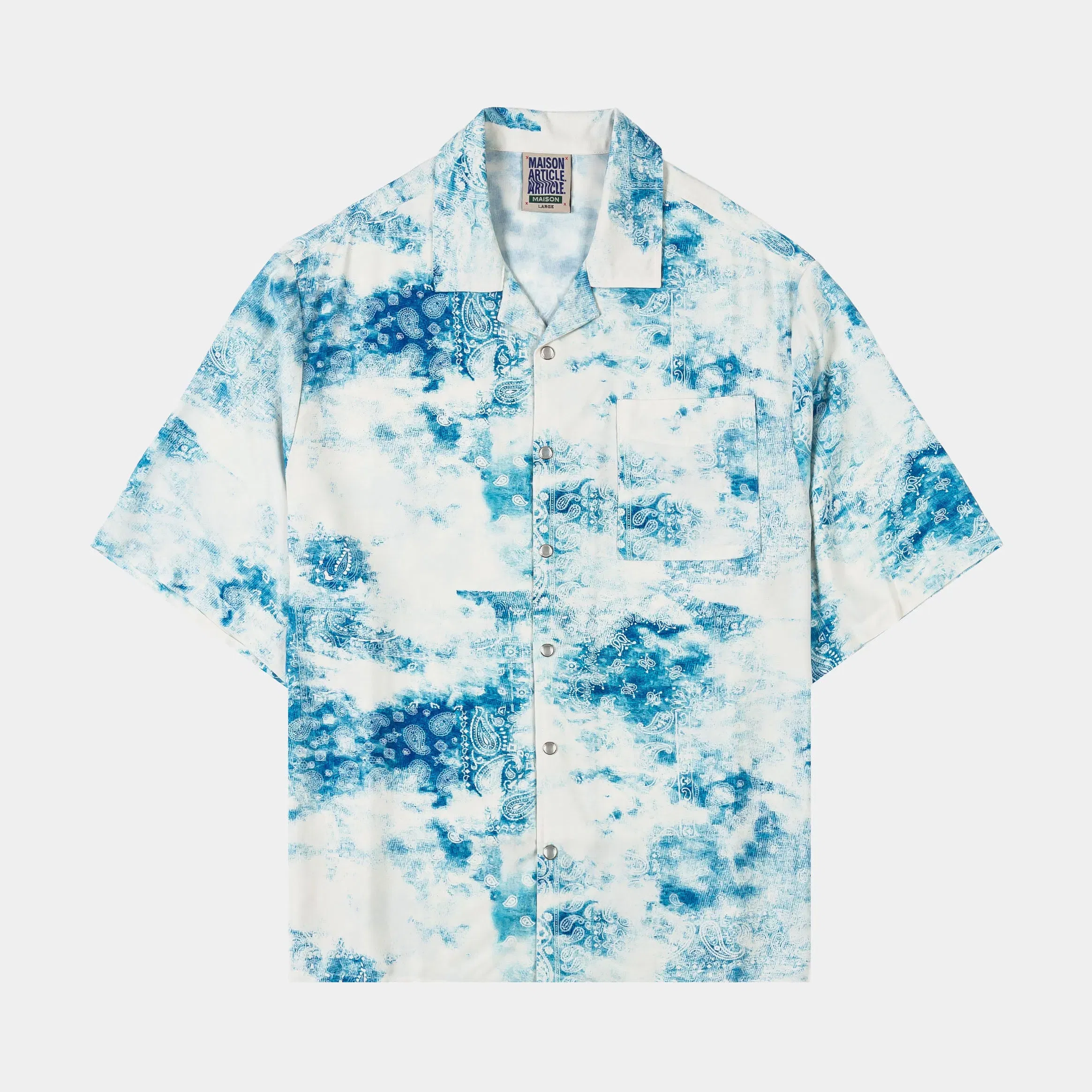 MAISON ARTICLE Tie Dye Paisley Button Up Mens Short Sleeve Shirt (Blue/White)