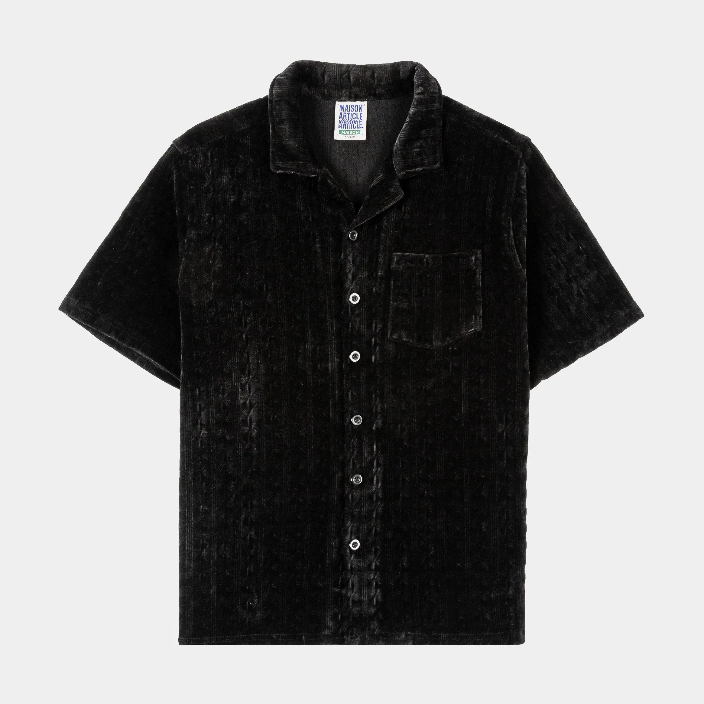 MAISON ARTICLE Chenille Button Up Mens Short Sleeve Shirt (Black)