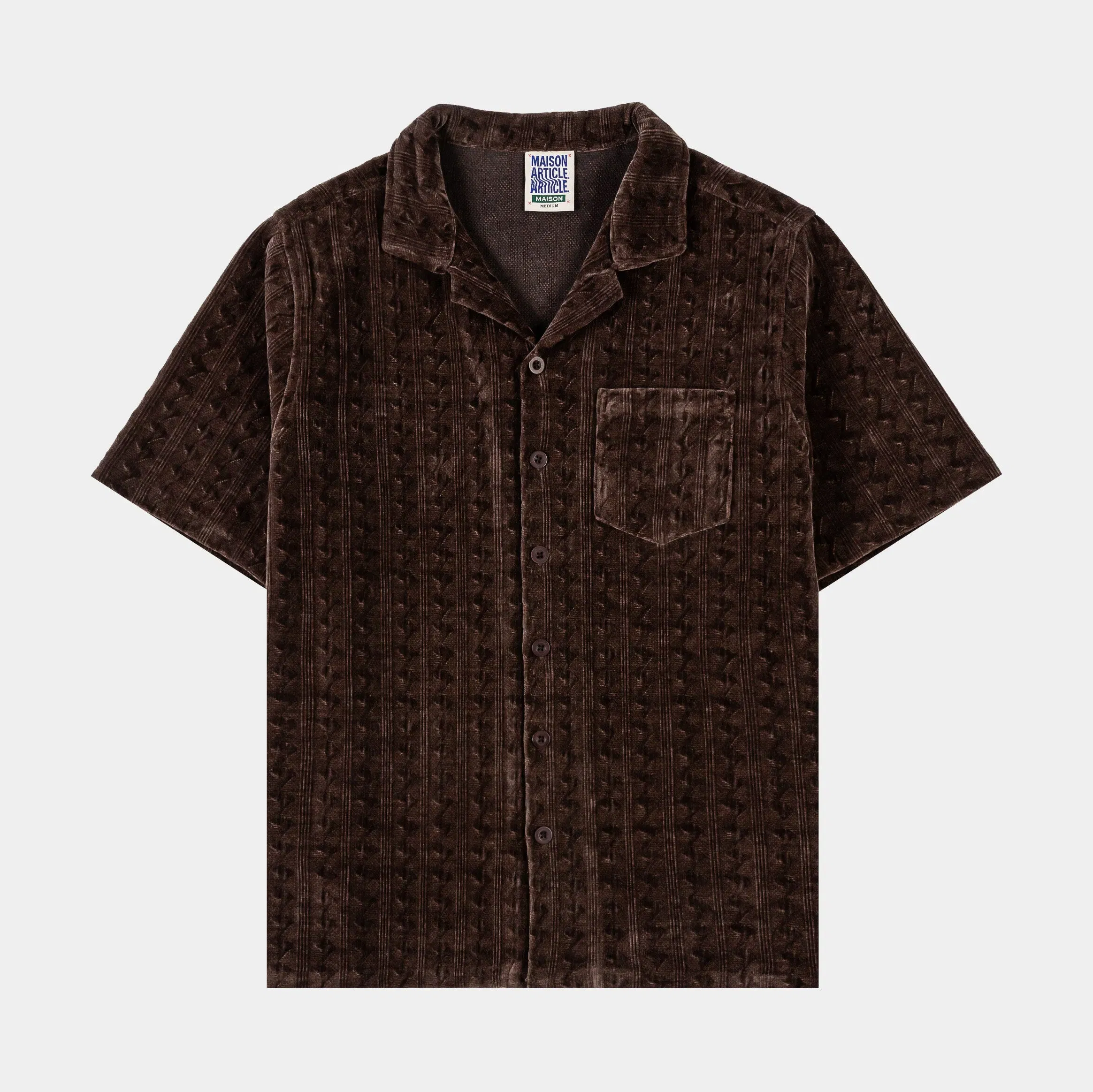 MAISON ARTICLE Chenille Button Up Mens Short Sleeve Shirt (Brown)
