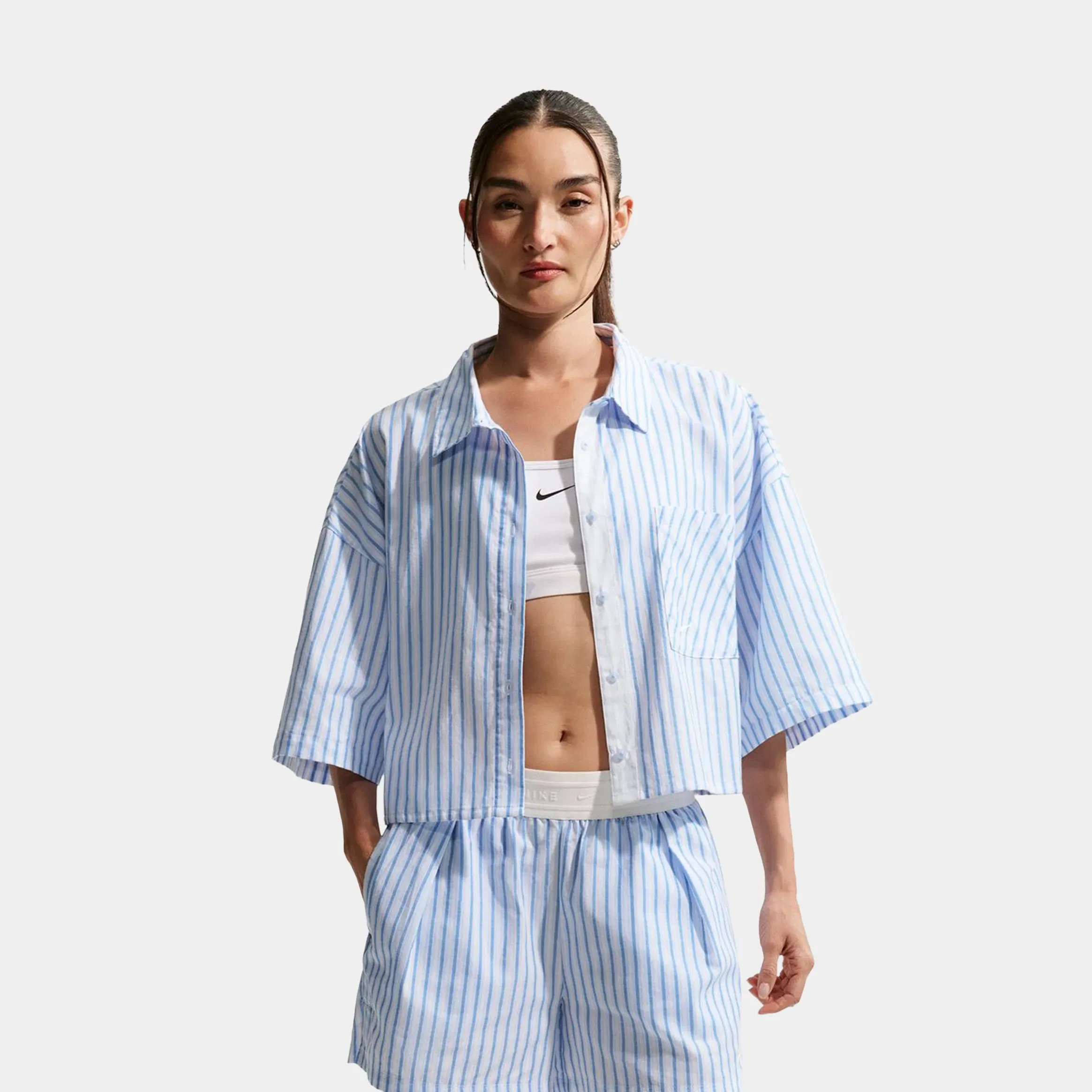 Nike Sportswear Chill Poplin Oversized Striped Womens Short Sleeve Shirt (Light Photo Blue/Hydrogen Blue/Summit White)