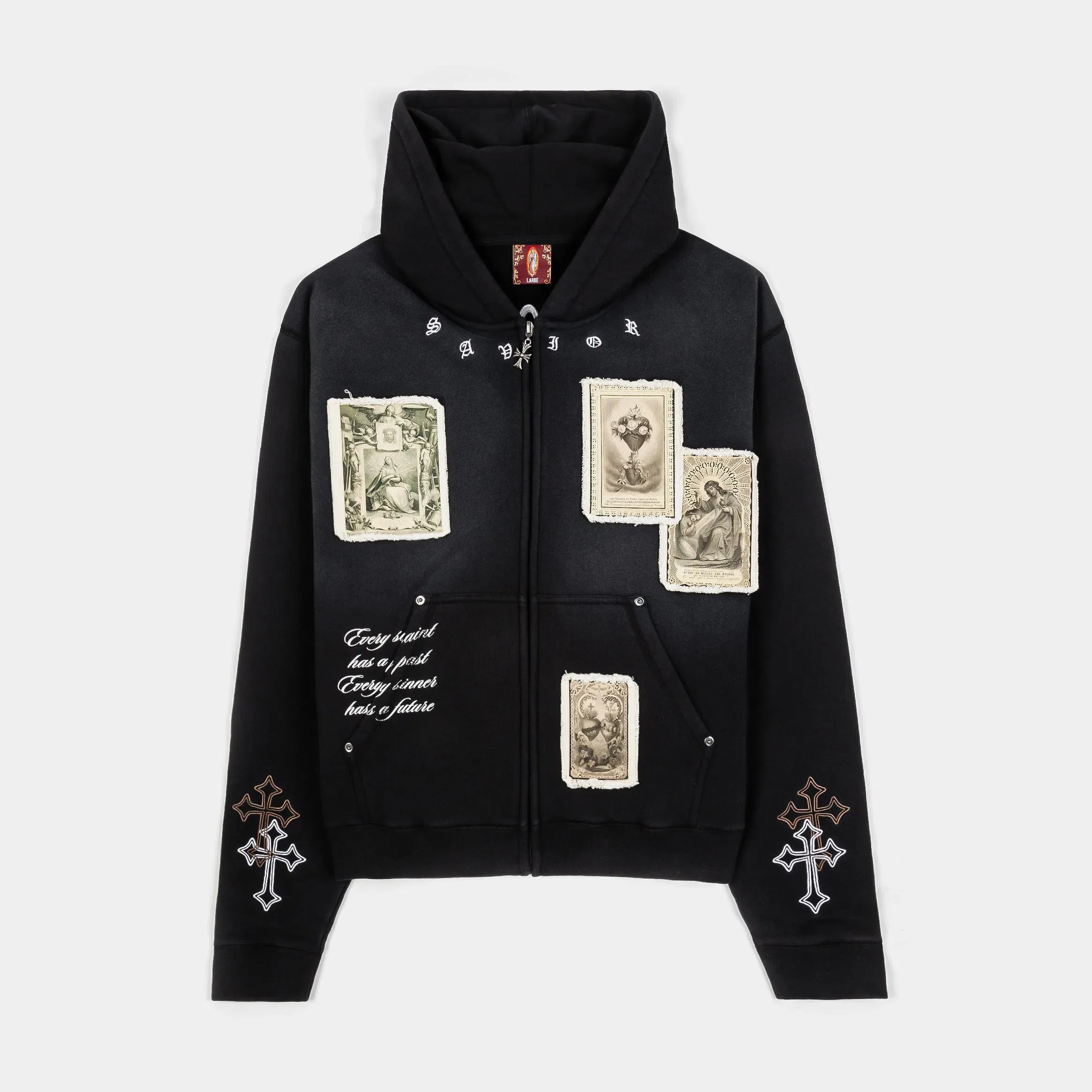 CTHDRL Cross Patched Washed Zip Up Mens Hoodie (Black/White)