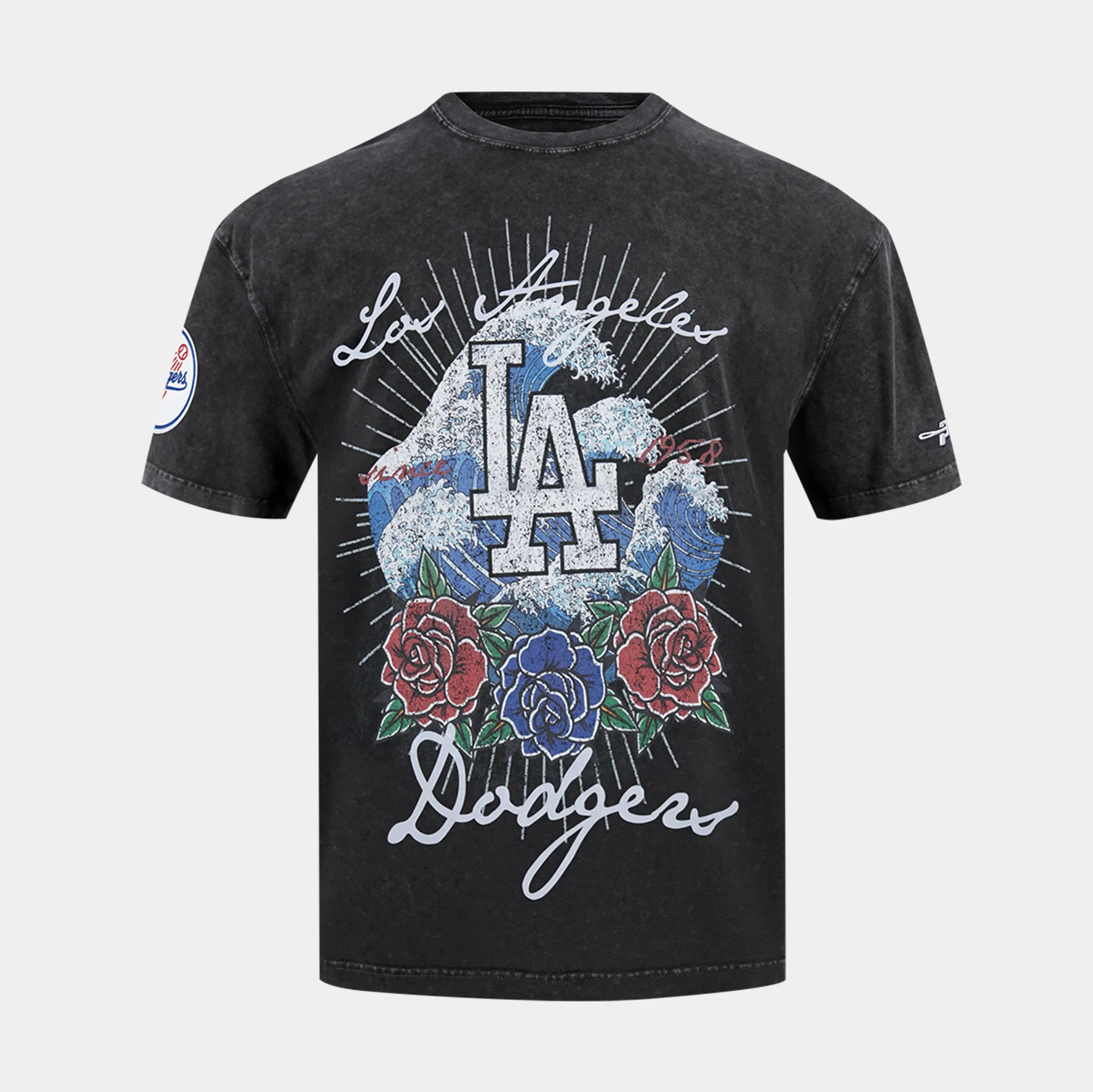 PRO STANDARD Los Angeles Dodgers Wave And Roses Drop Shoulder Mens Short Sleeve Shirt (Grey/White)