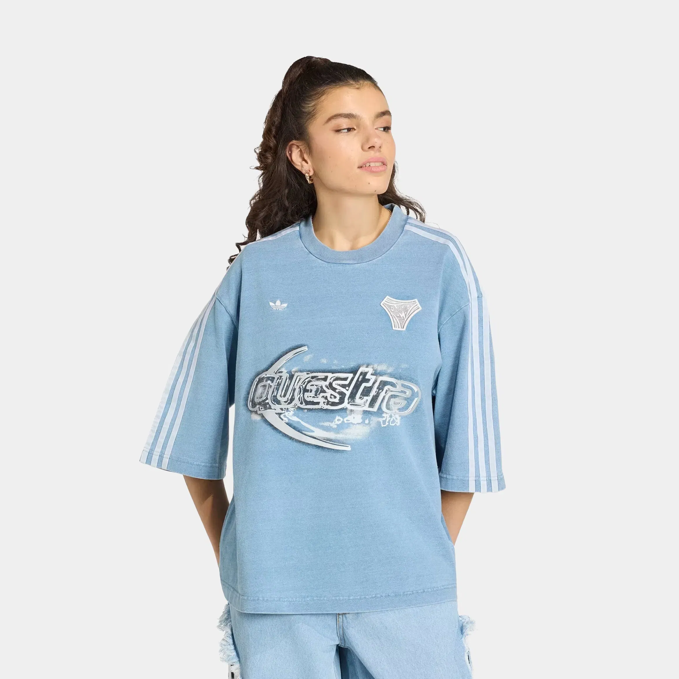 adidas Adilenium Season 5 Oversized Denim Womens Short Sleeve Shirt (Light Blue)